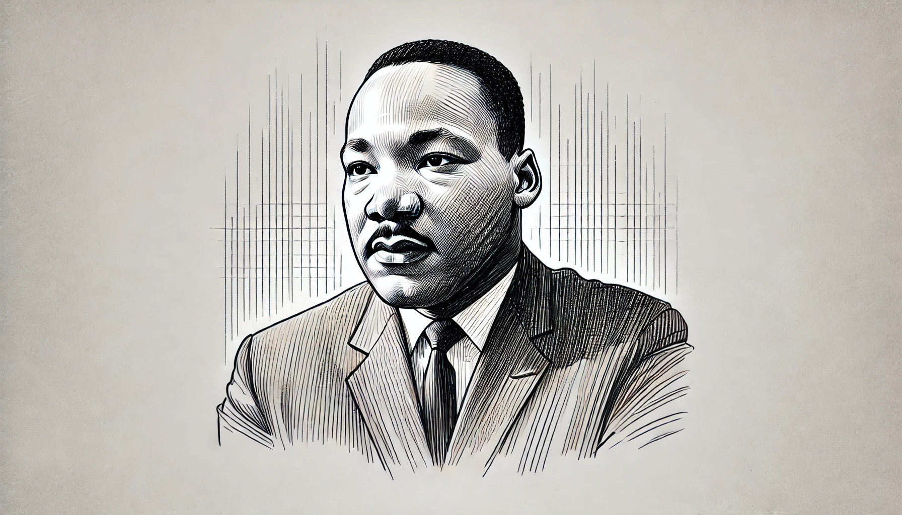 A flat, 2D greyscale sketch of Martin Luther King Jr., with thin, abundant lines and fine detail. He is positioned to the right of the image