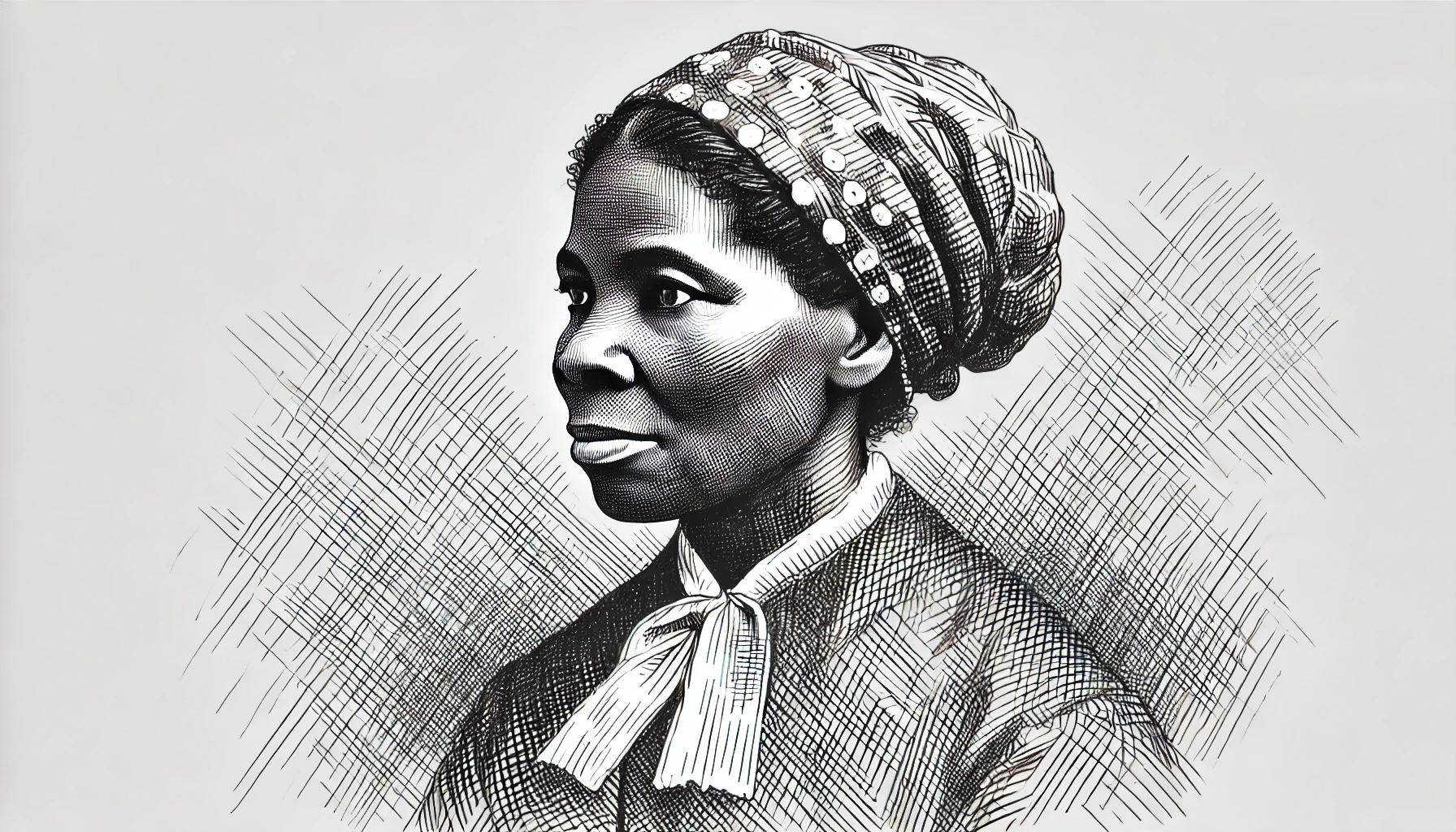 A flat, 2D greyscale sketch of Harriet Tubman, with thin, abundant lines and fine detail