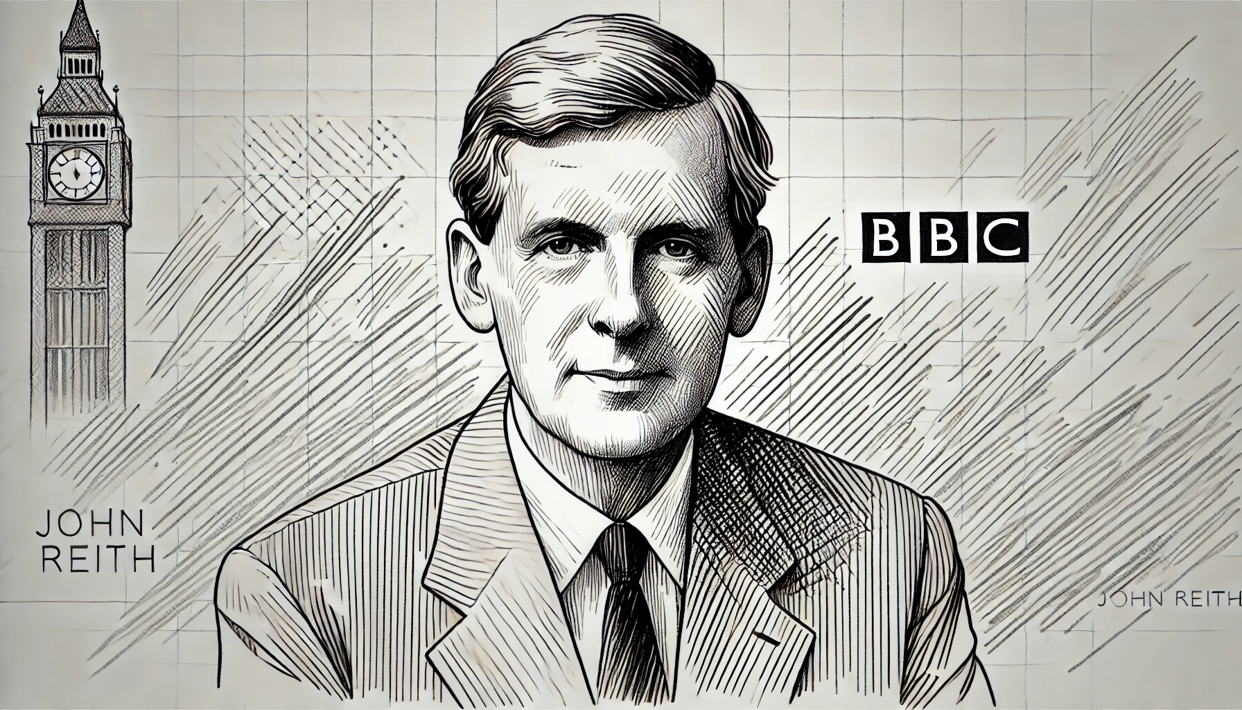 A flat, 2D greyscale sketch of John Reith, the first General Manager of the BBC, with thin, abundant lines