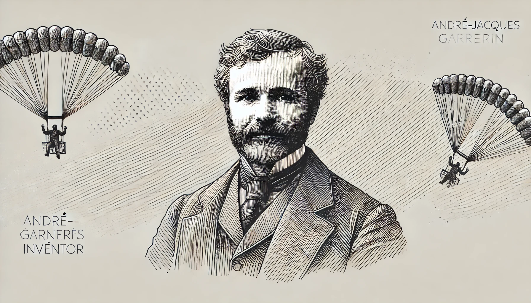 2D greyscale sketch of André-Jacques Garnerin, the first parachute inventor, with thin, abundant lines and fine detail