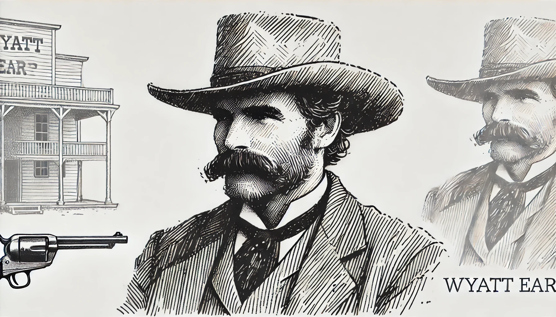 flat, 2D greyscale sketch of Wyatt Earp, the famous Old West lawman, with thin, abundant lines and fine detail. The sketch follows a minimalistic