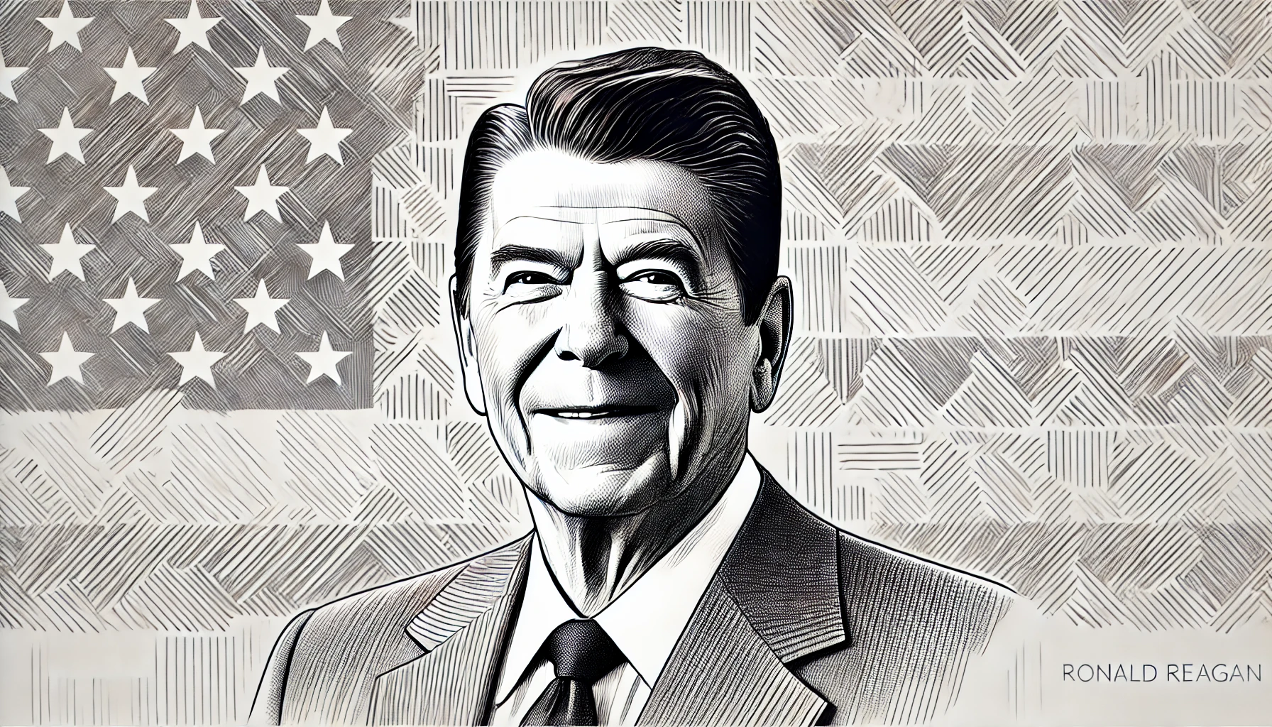 flat, 2D greyscale sketch of Ronald Reagan, with thin, abundant lines and fine detail. The sketch follows a minimalistic style