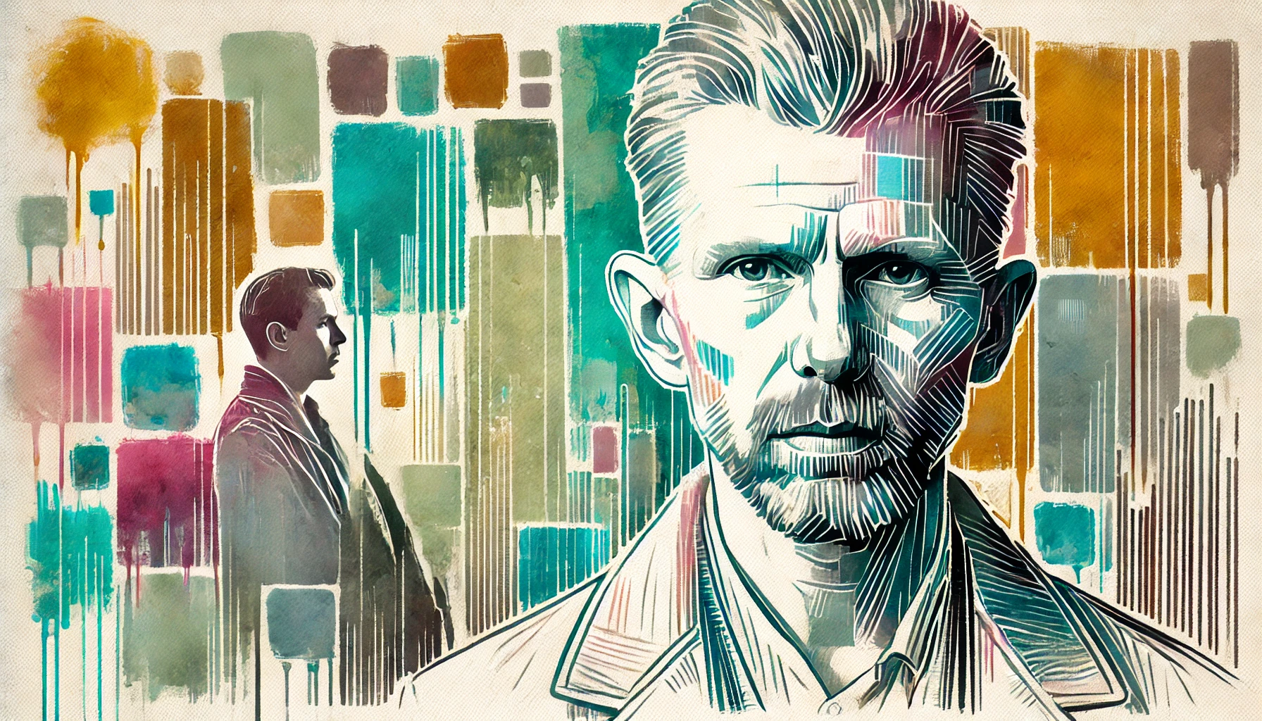 A flat, simple, and abstract 2D watercolor-style illustration of Theo van Gogh, the Dutch film director and controversial figure, placed on the right