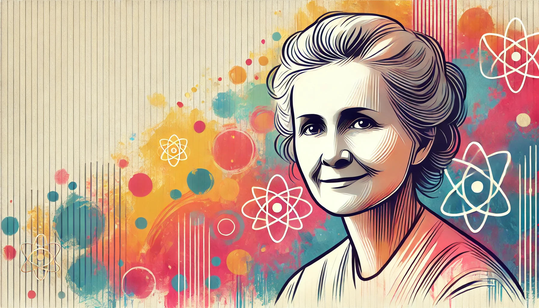 A flat, simple, and abstract 2D watercolor-style illustration of Marie Curie, placed on the right side of the image, smiling and looking wise