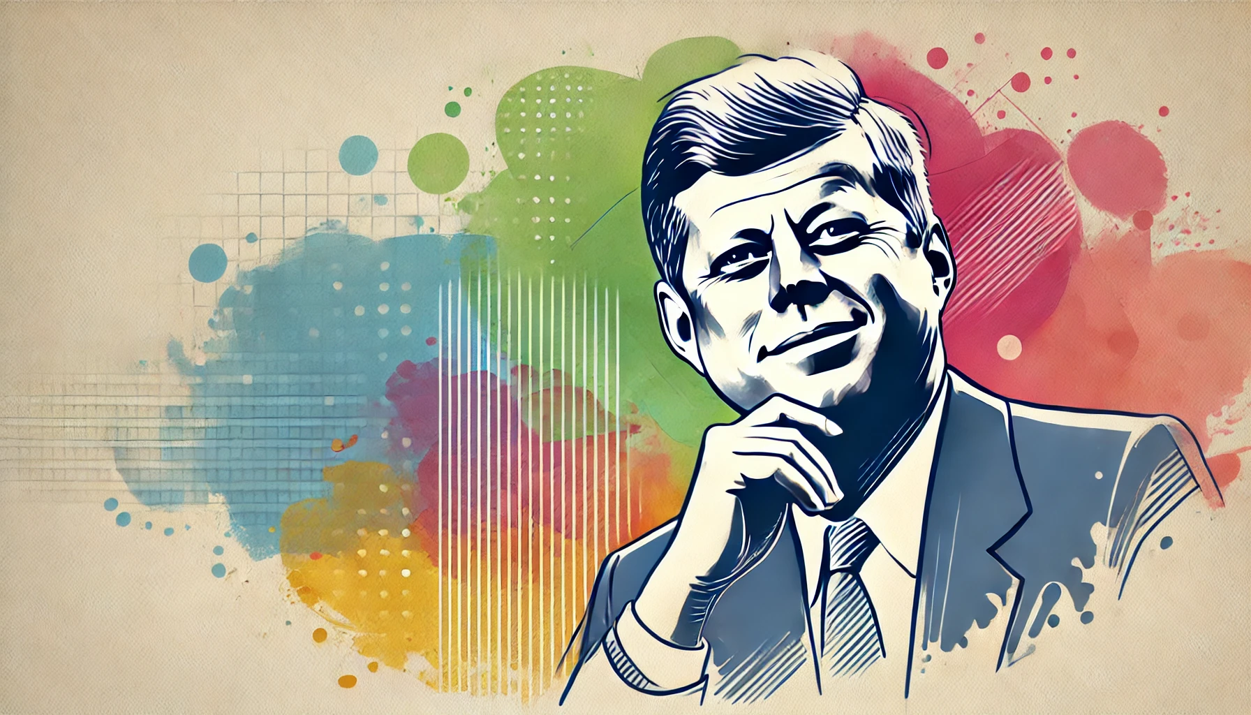 very flat, simple, and abstract 2D watercolor-style illustration of John F. Kennedy, placed on the right side of the image, smiling with a thoughtfu
