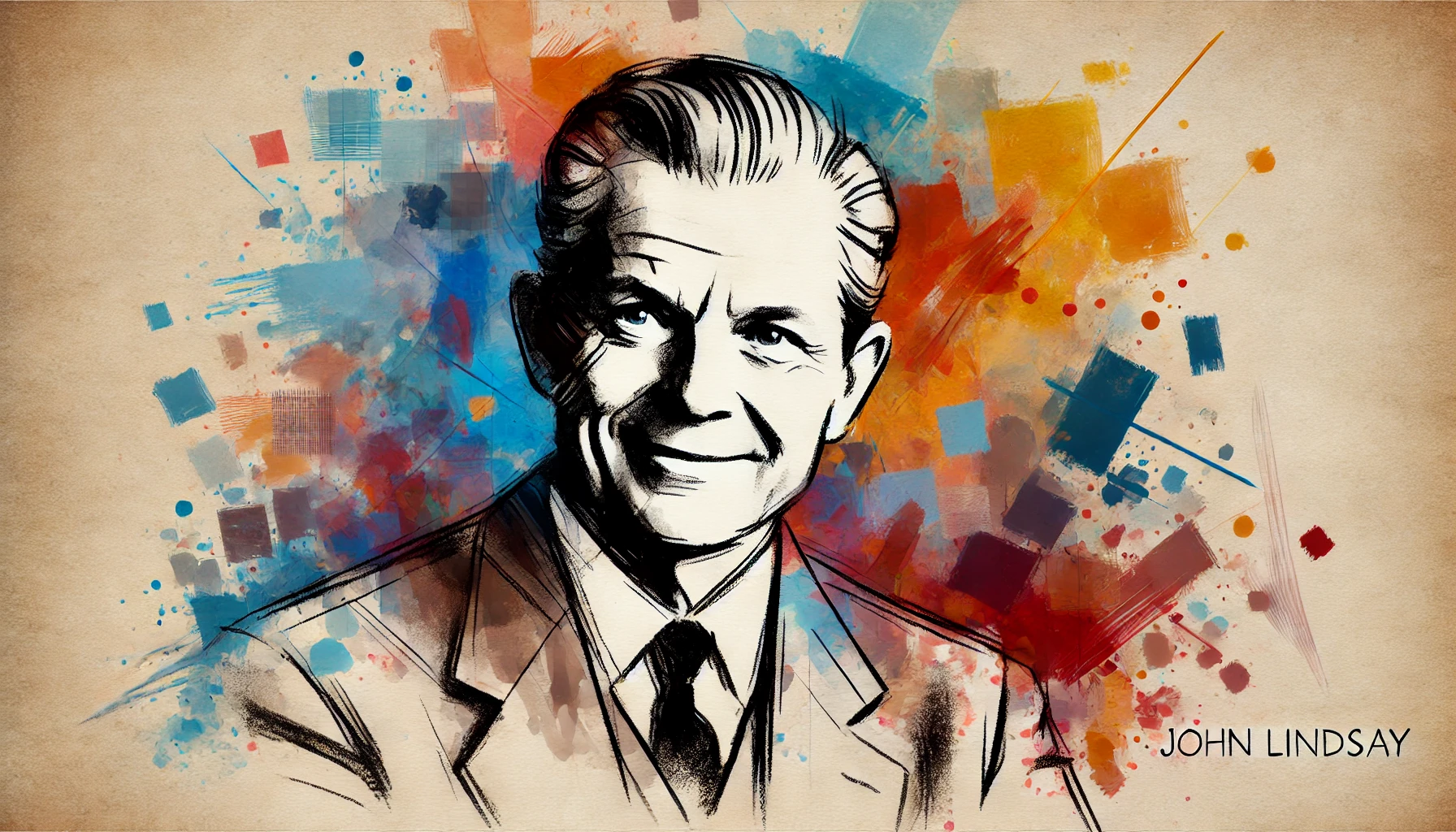 flat, simple, and abstract 2D watercolor-style illustration of John Lindsay, placed on the right side of the image, smiling and looking confide
