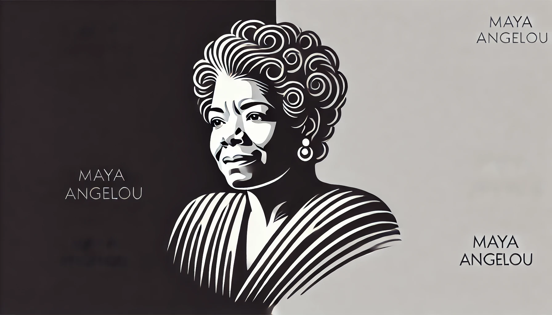 simplified, flat, 2D greyscale sketch of Maya Angelou, the renowned poet, author, and civil rights activist, with minimal details and clean