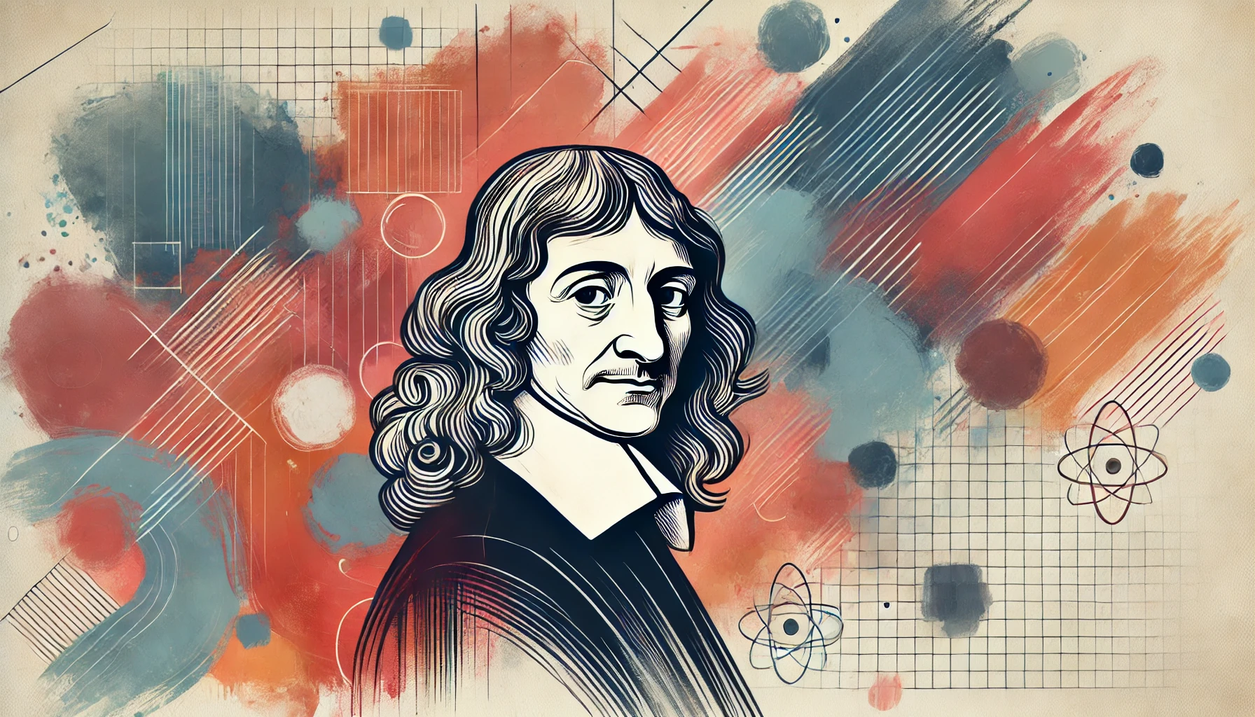 very flat, simple, and abstract 2D watercolor-style illustration of René Descartes, placed on the right side of the image