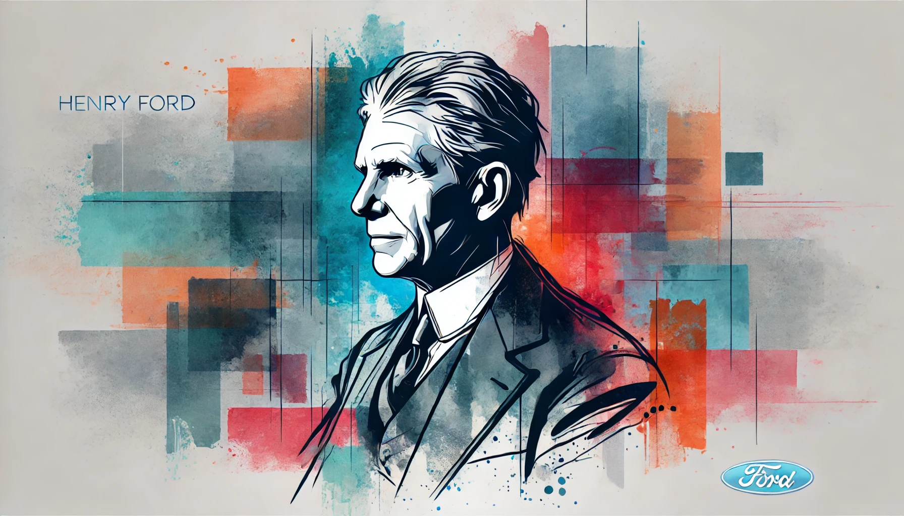 flat, simple, and abstract 2D watercolor-style illustration of Henry Ford, placed on the right side of the image, with a calm and thoughtful