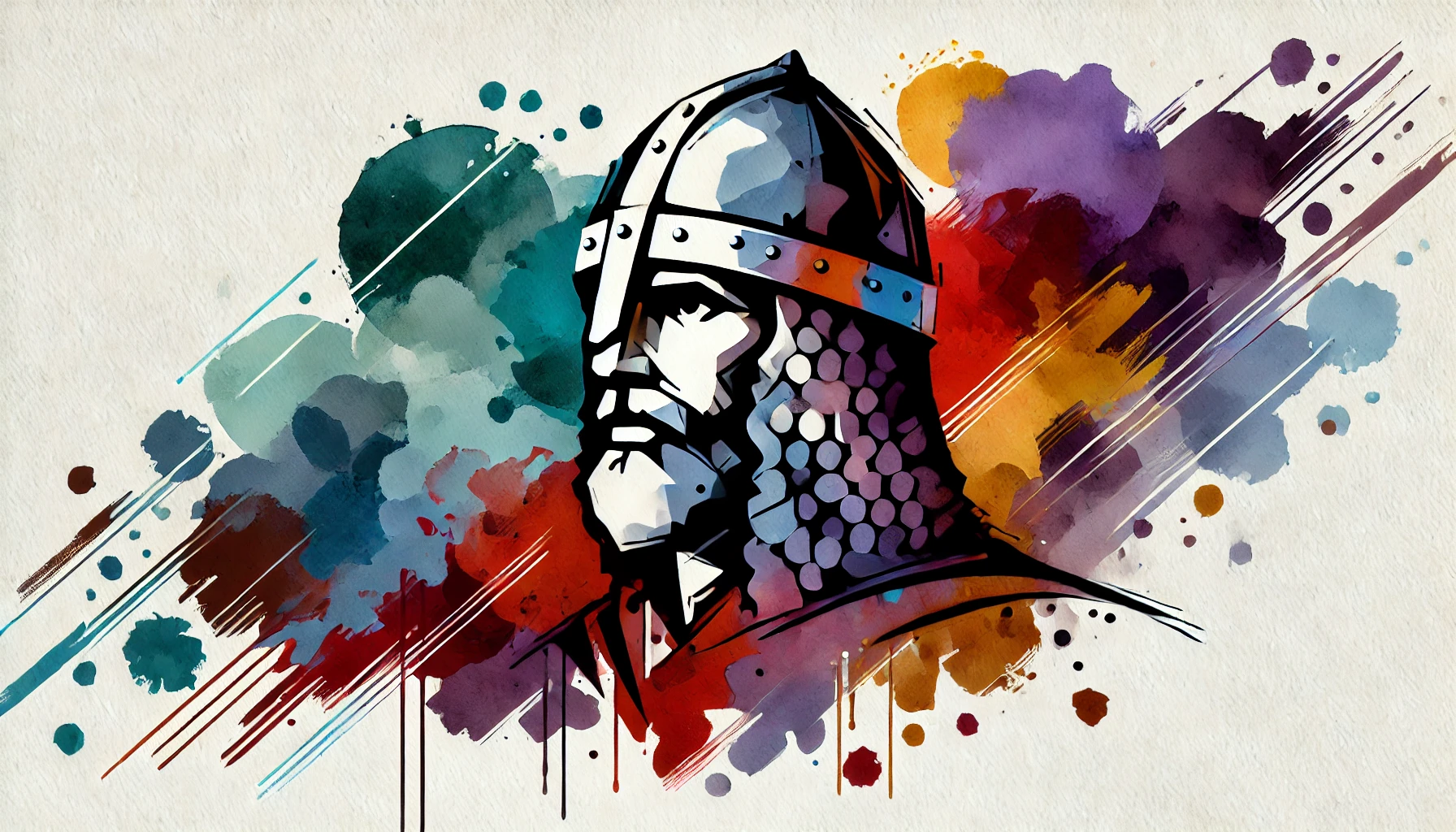 flat, simple, and abstract 2D watercolor-style illustration of Skanderbeg, placed on the right side of the image, with a heroic and determined