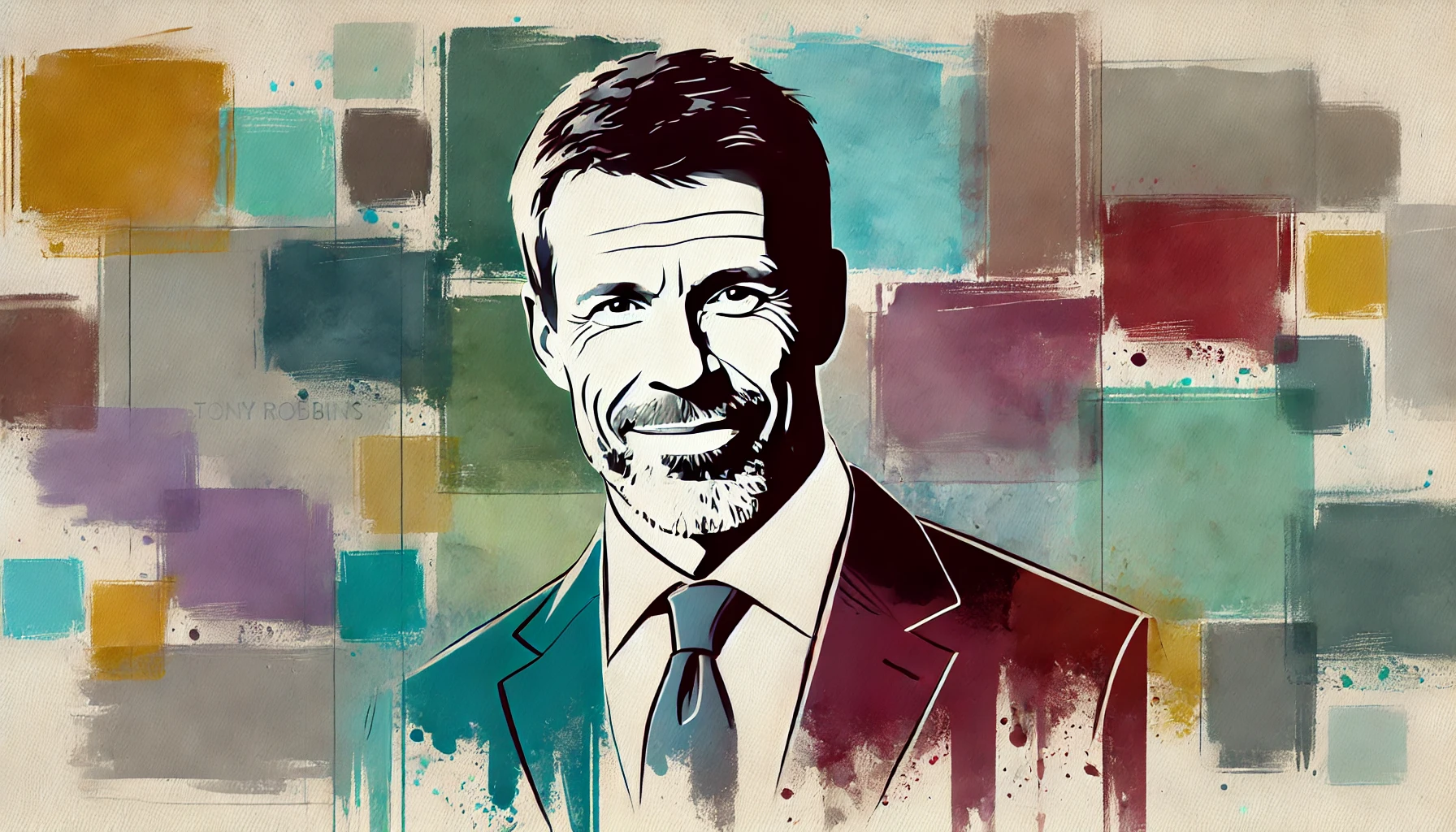 flat, simple, and abstract 2D watercolor-style illustration of Tony Robbins, placed on the right side of the image, with a confident and dynami