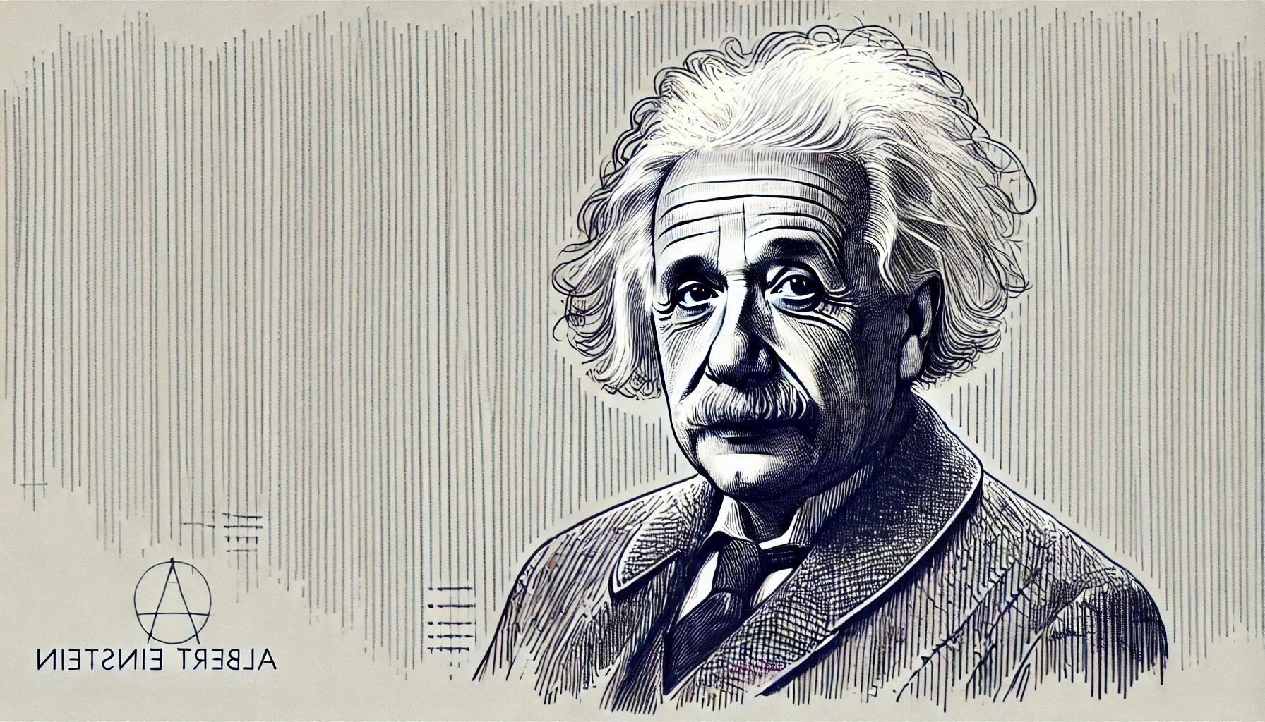 flat, 2D greyscale sketch of Albert Einstein, with thin, abundant lines and fine detail. The sketch follows a minimalistic style, featuring subtle
