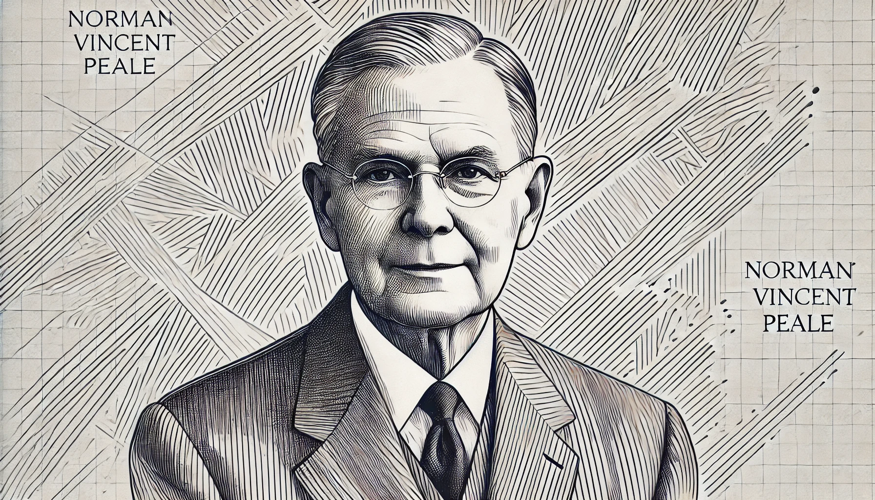 flat, 2D greyscale sketch of Norman Vincent Peale, the author and minister known for 'The Power of Positive Thinking,' with thin, abundant lines