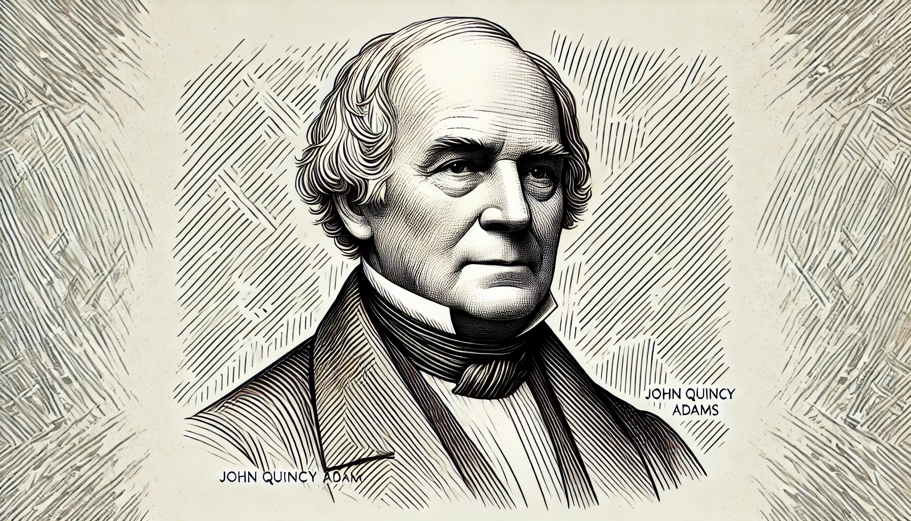 flat, 2D greyscale sketch of John Quincy Adams, the sixth President of the United States, with thin, abundant lines and fine detail