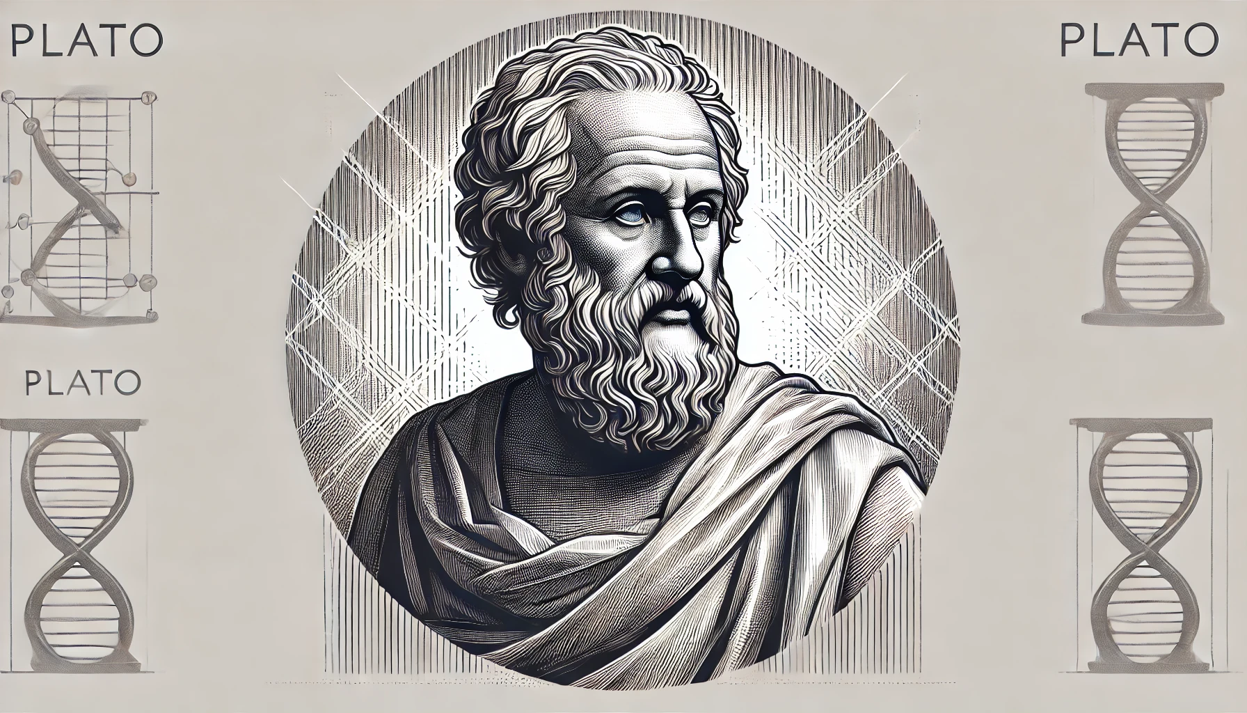 flat, 2D greyscale sketch of Plato, the ancient Greek philosopher, with thin, abundant lines and fine detail. The sketch follows the detailed