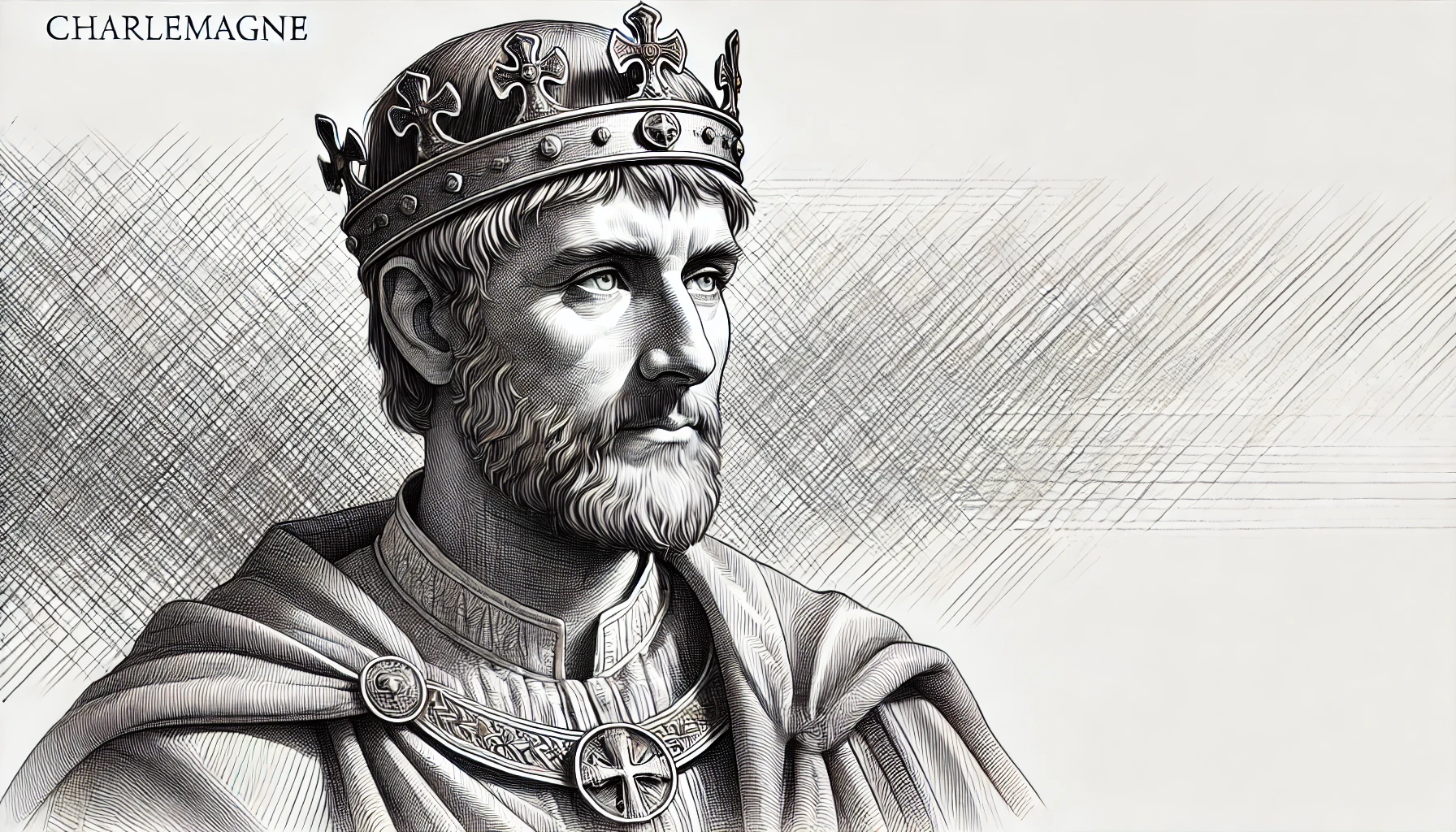 flat, 2D greyscale sketch of Charlemagne, the medieval emperor and King of the Franks, with a serious and regal appearance. The sketch uses thin