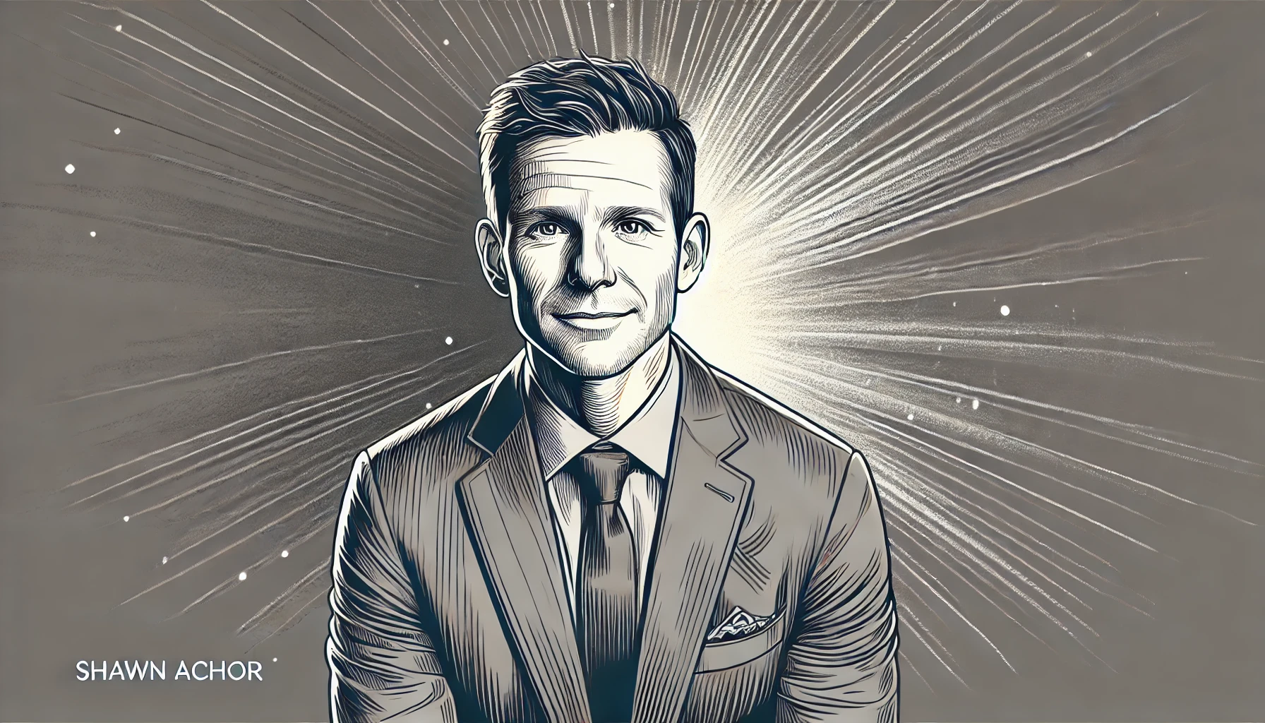 2D greyscale sketch of Shawn Achor, the positive psychology researcher and author, with a thoughtful and approachable appearance