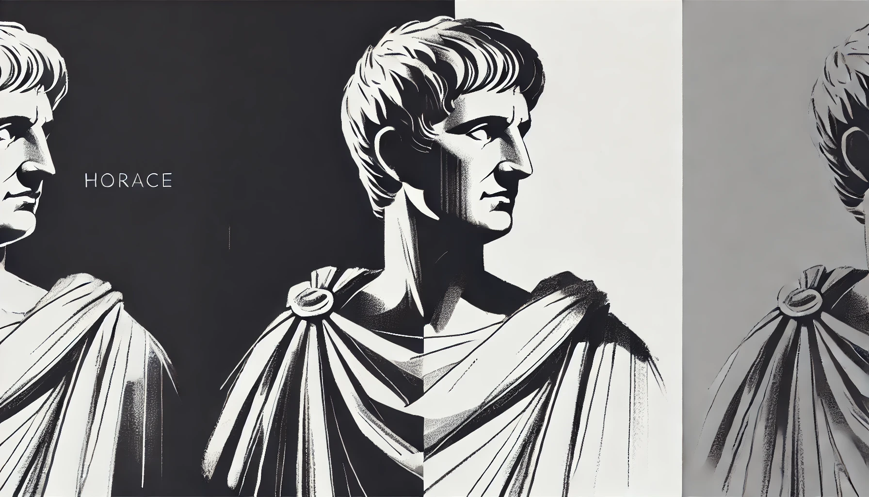 simplified, flat, 2D greyscale sketch of Horace, the ancient Roman poet, with minimal details and clean, basic lines. The sketch emphasizes sim