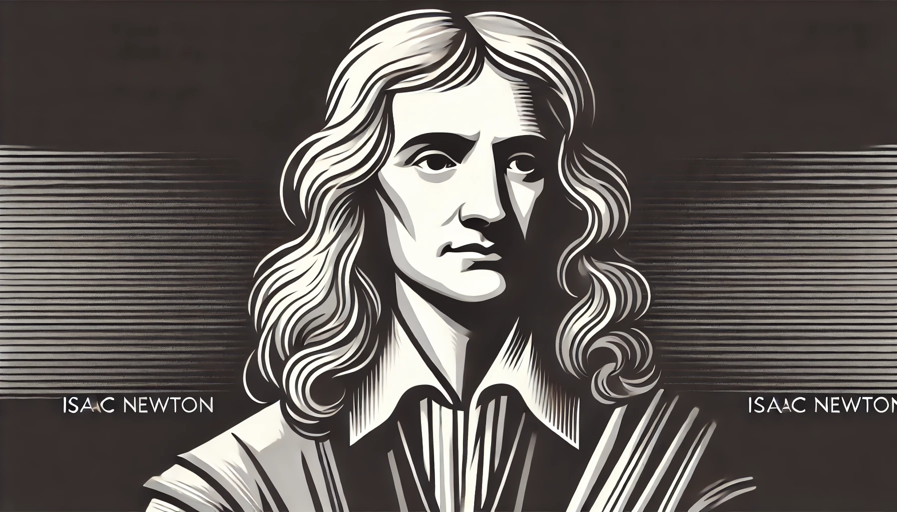 simplified, flat, 2D greyscale sketch of Isaac Newton, the renowned physicist and mathematician, with minimal details and clean, abstract lines
