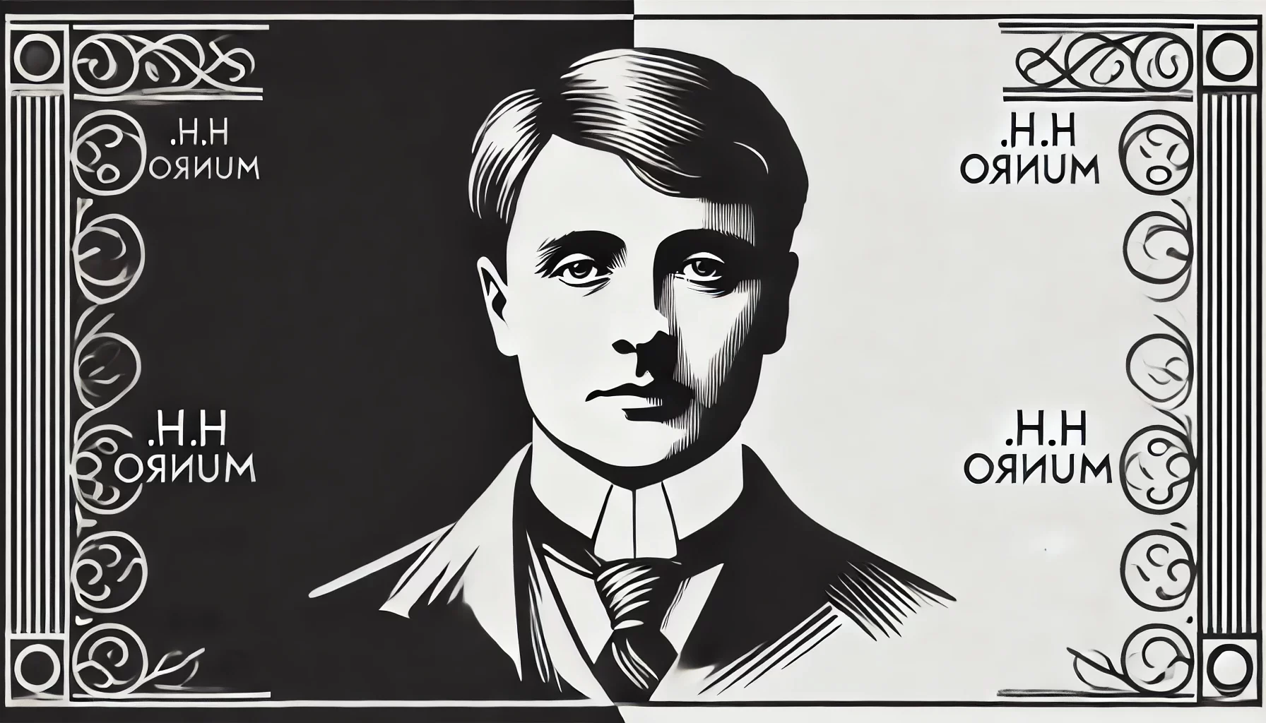 simplified, flat, 2D greyscale sketch of H.H. Munro, also known as Saki, the British author and satirist, with minimal details and clean, abstr