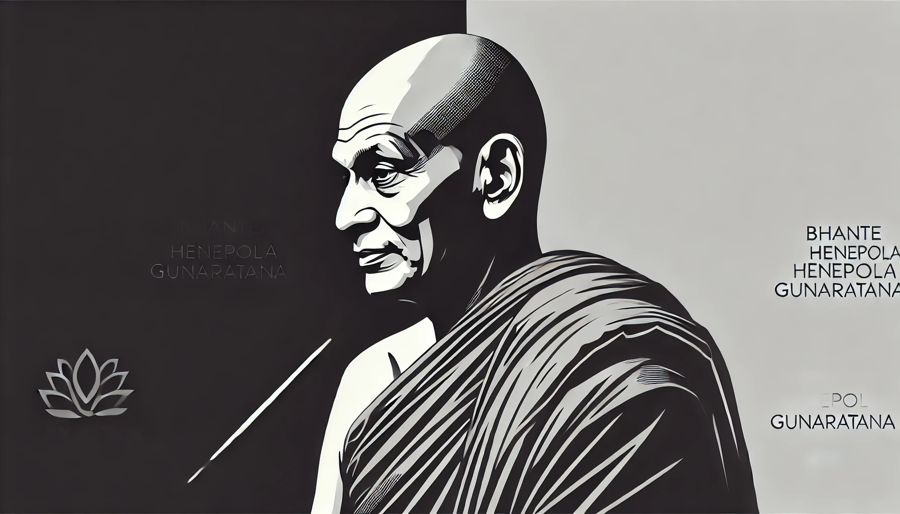 very simplified, flat, 2D greyscale sketch of Bhante Henepola Gunaratana, the renowned Buddhist monk and author, with minimal details and clean, abs