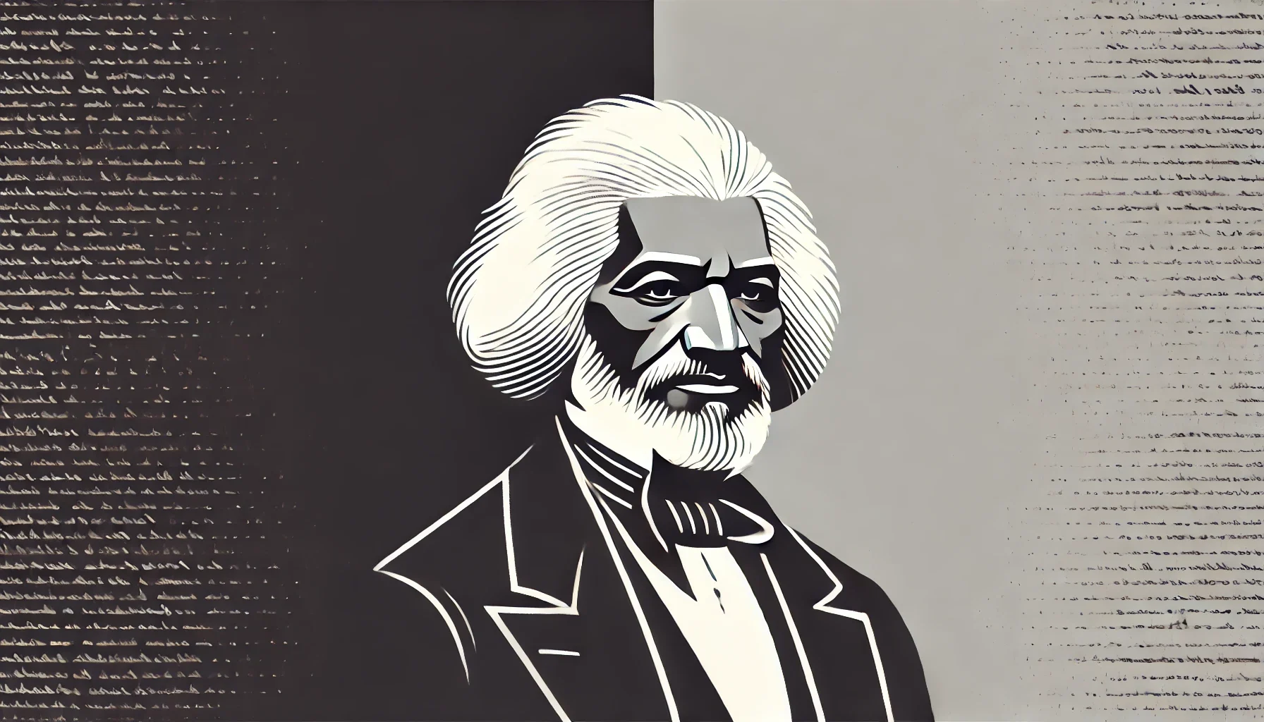 very simplified, flat, 2D greyscale sketch of Frederick Douglass, the renowned abolitionist and social reformer, with minimal details and clean, abs
