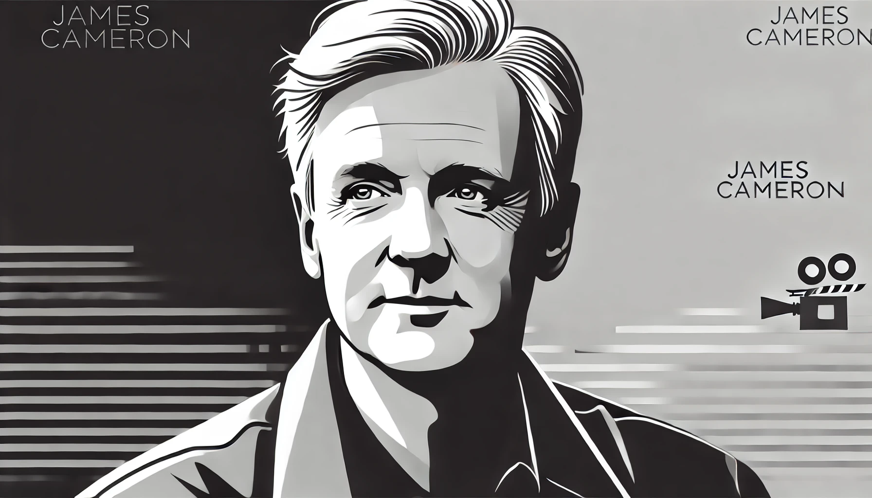 simplified, flat, 2D greyscale sketch of James Cameron, the renowned filmmaker and director, with minimal details and clean, abstract lines
