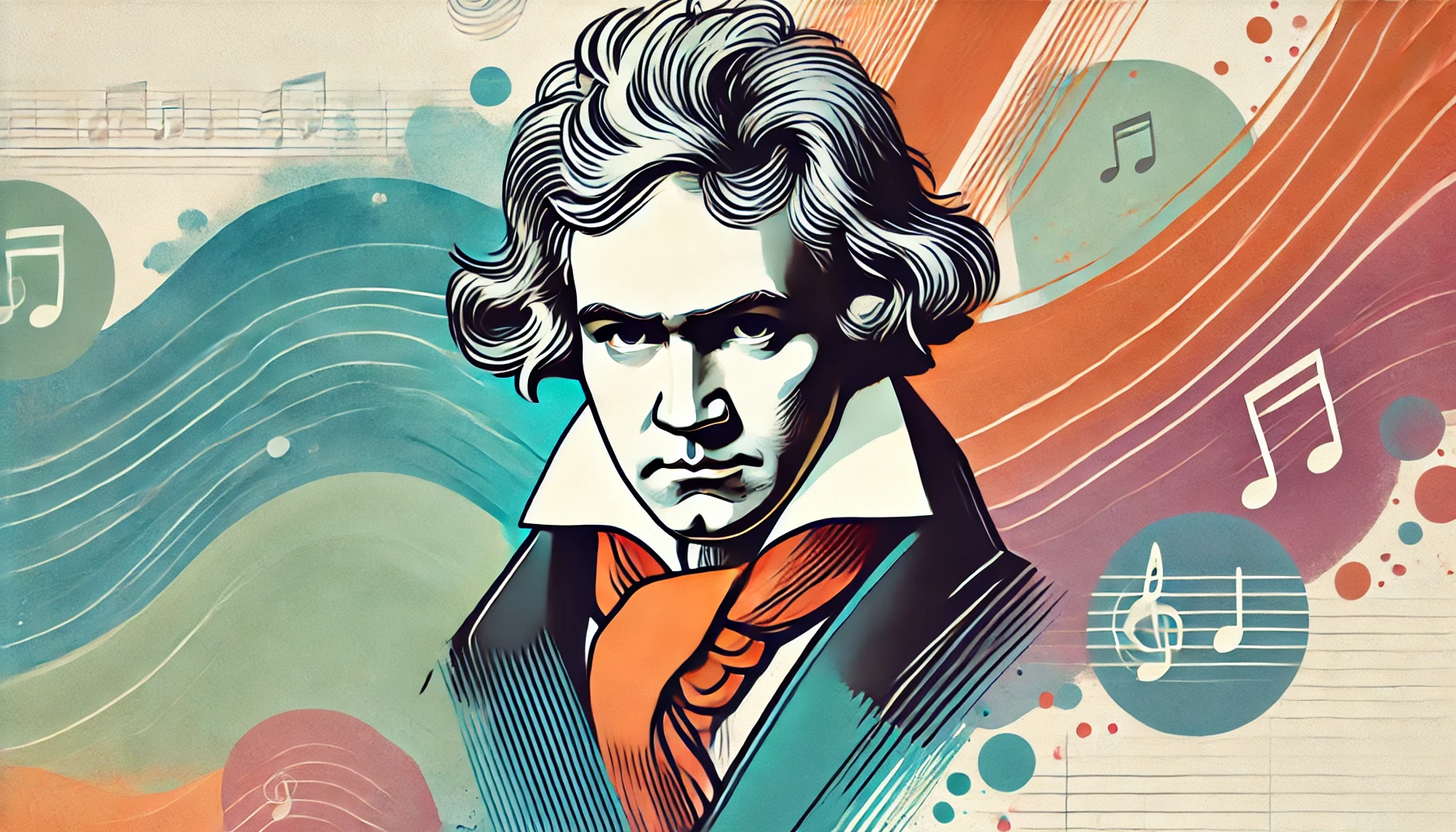 very flat, simple, and abstract 2D watercolor-style illustration of Ludwig van Beethoven, placed on the right side of the image, with a calm and tho