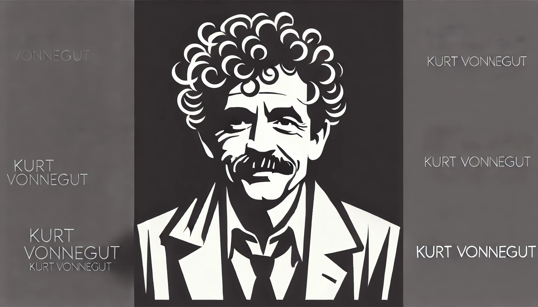 simplified, flat, 2D greyscale sketch of Kurt Vonnegut, the renowned author, with minimal details and clean, abstract lines. The design emphasi