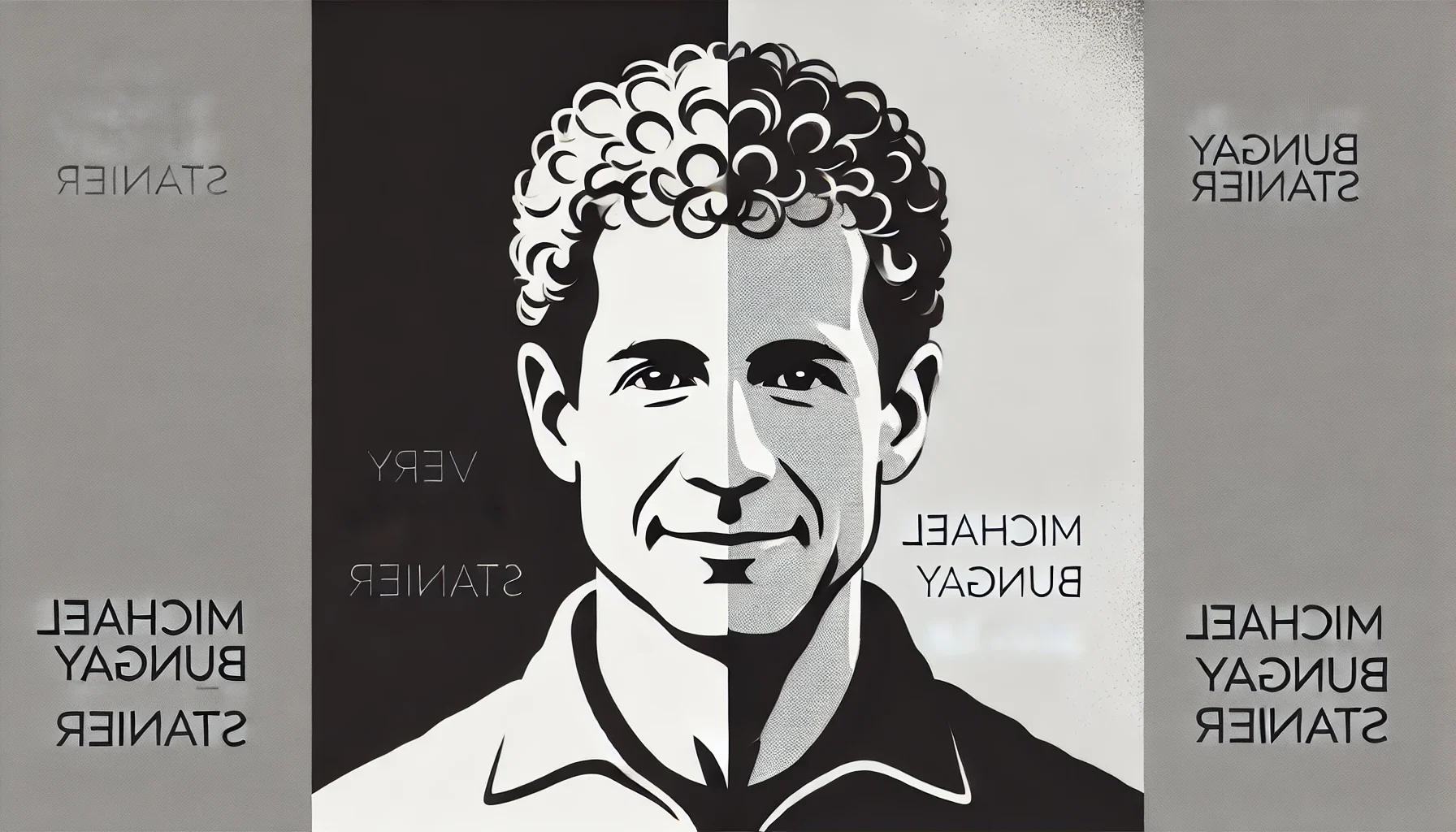 simplified, flat, 2D greyscale sketch of Michael Bungay Stanier, the author and leadership coach, with minimal details and clean, abstract line