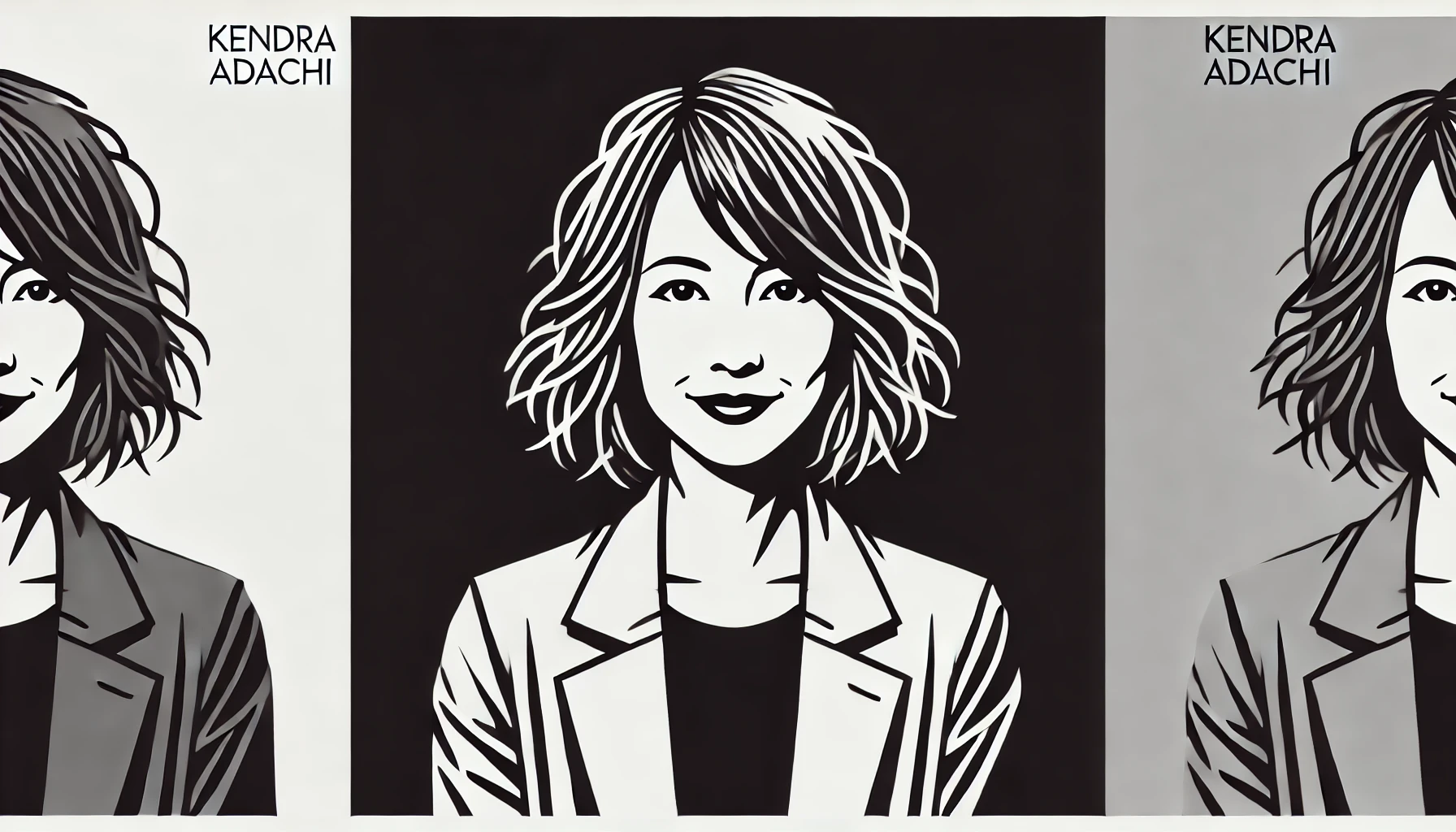 simplified, flat, 2D greyscale sketch of Kendra Adachi, the author and podcast host, with minimal details and clean, abstract lines. The design