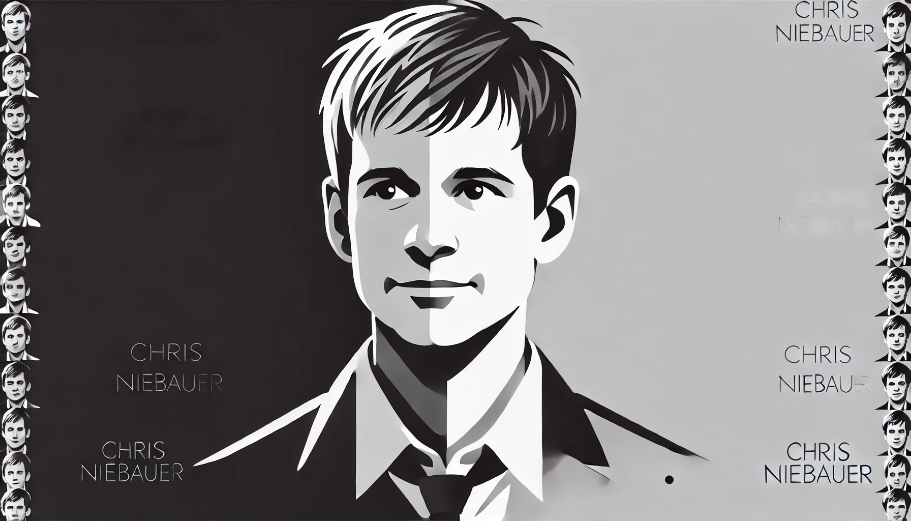 simplified, flat, 2D greyscale sketch of Chris Niebauer, the cognitive neuroscientist and author, with minimal details and clean, abstract line