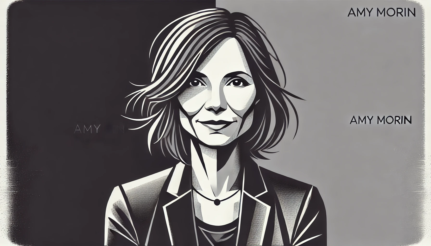simplified, flat, 2D greyscale sketch of Amy Morin, the psychotherapist and author, with minimal details and clean, abstract lines