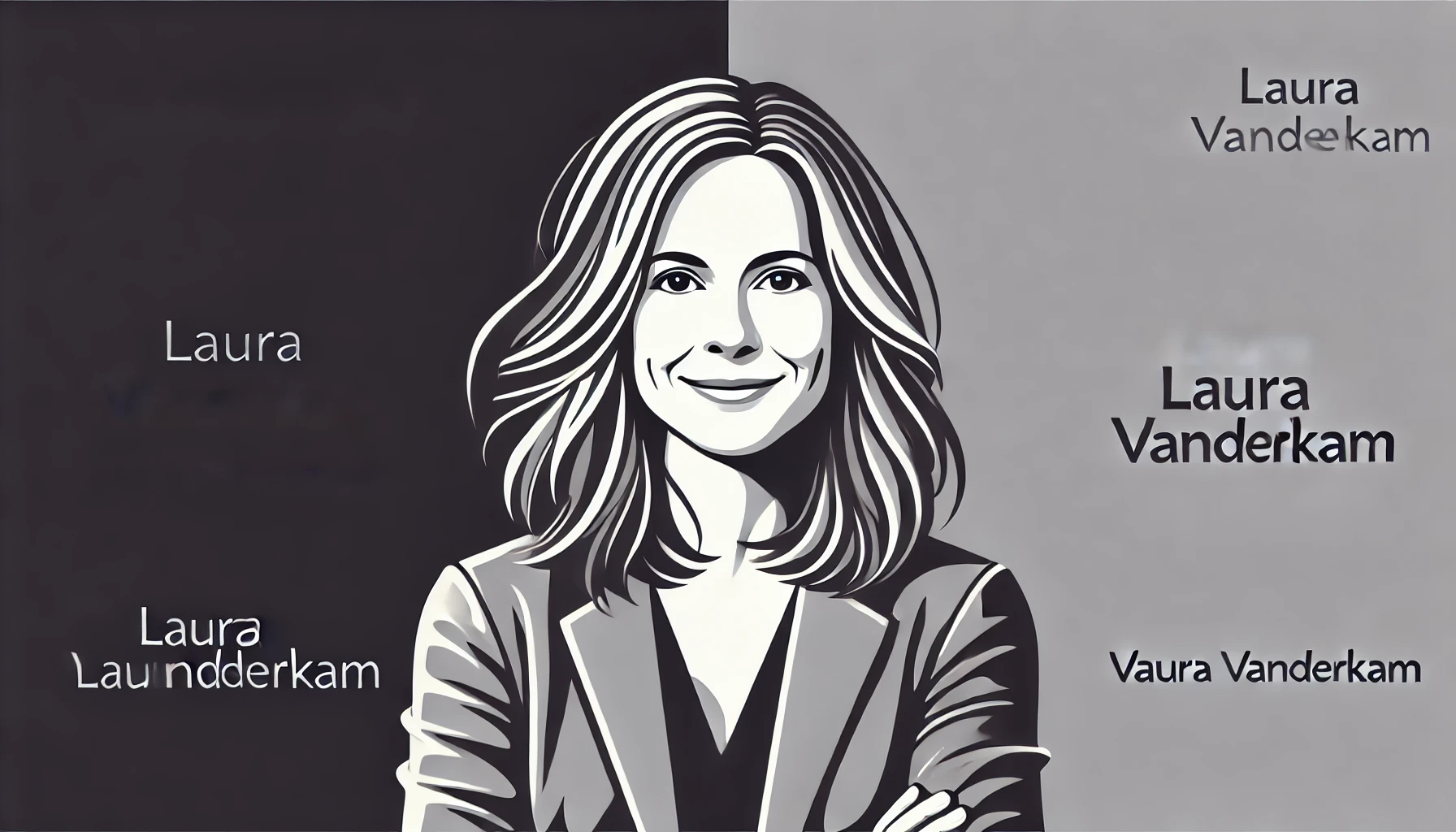 very simplified, flat, 2D greyscale sketch of Laura Vanderkam, the author and time management expert, with minimal details and clean, abstract lines