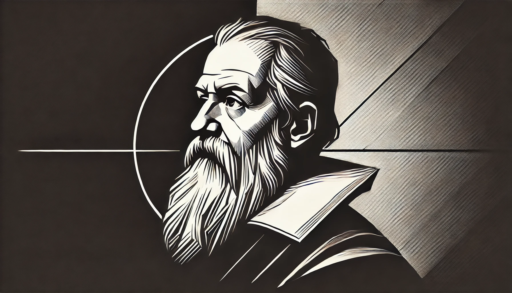 simplified, flat, 2D greyscale sketch of Galileo Galilei, the Italian astronomer and physicist, with minimal details and clean, abstract lines