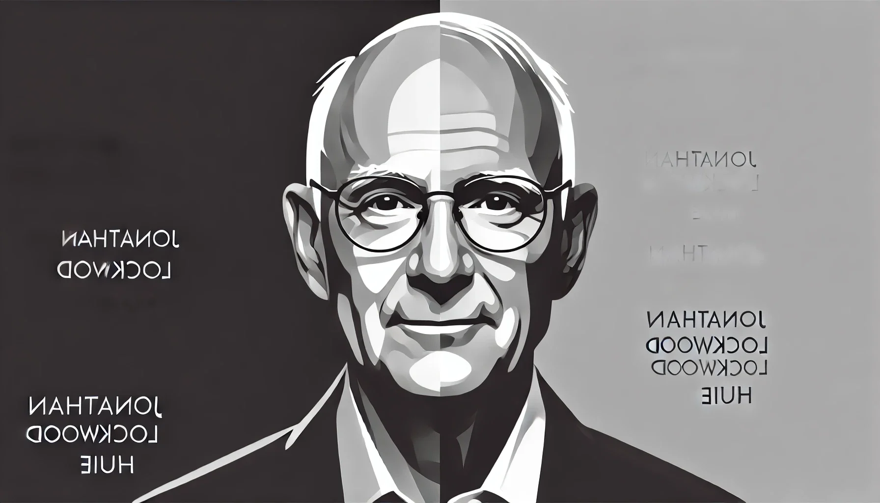 simplified, flat, 2D greyscale sketch of Jonathan Lockwood Huie, the author and inspirational speaker, with minimal details and clean, abstract