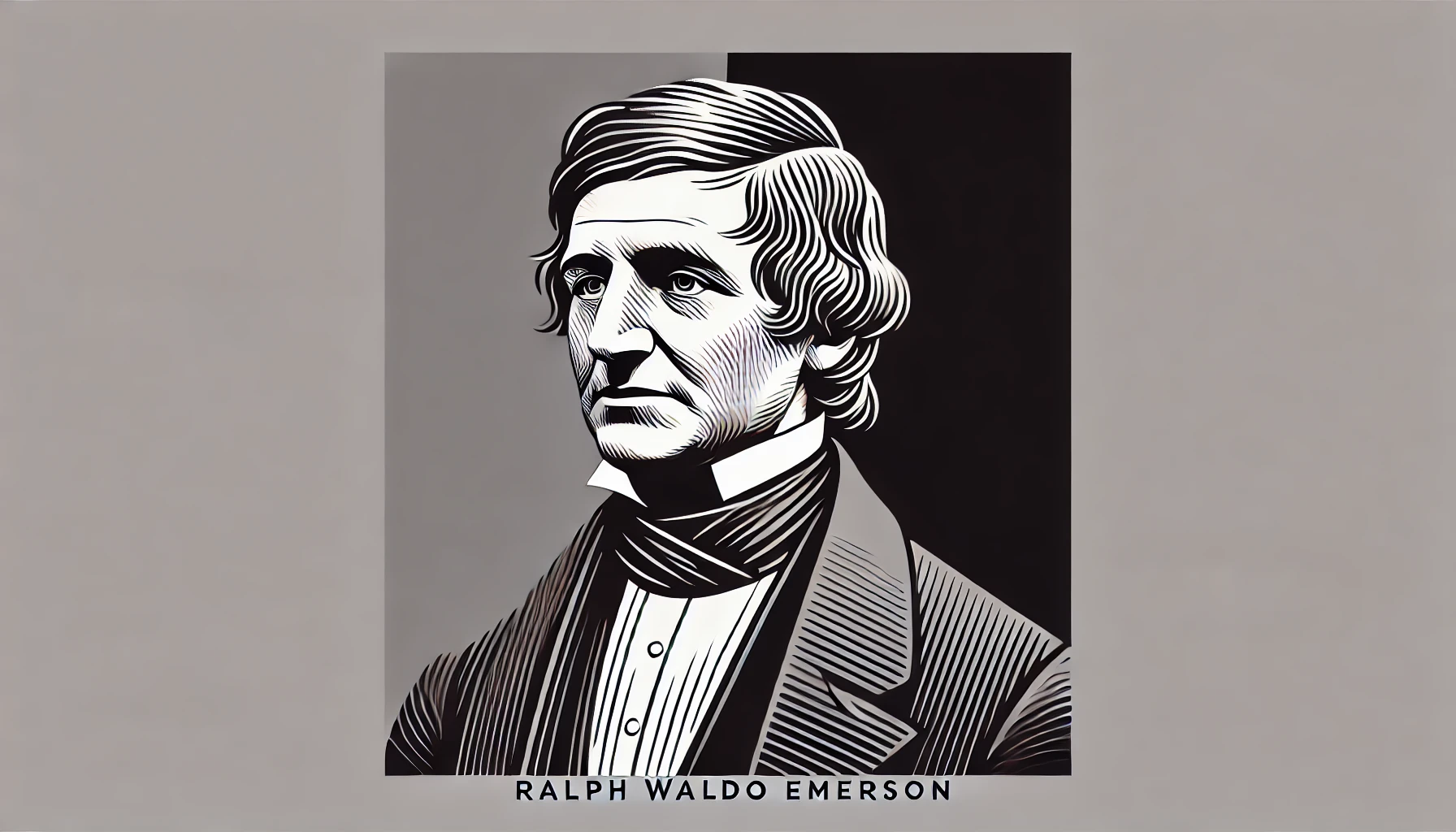 simplified, flat, 2D greyscale sketch of Ralph Waldo Emerson, the American essayist, philosopher, and poet, with minimal details and clean, abs