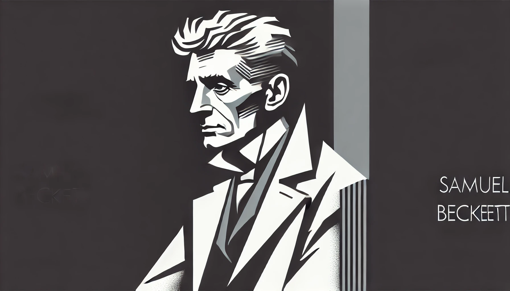 very simplified, flat, 2D greyscale sketch of Samuel Beckett, the Irish playwright and novelist, with minimal details and clean, abstract lines