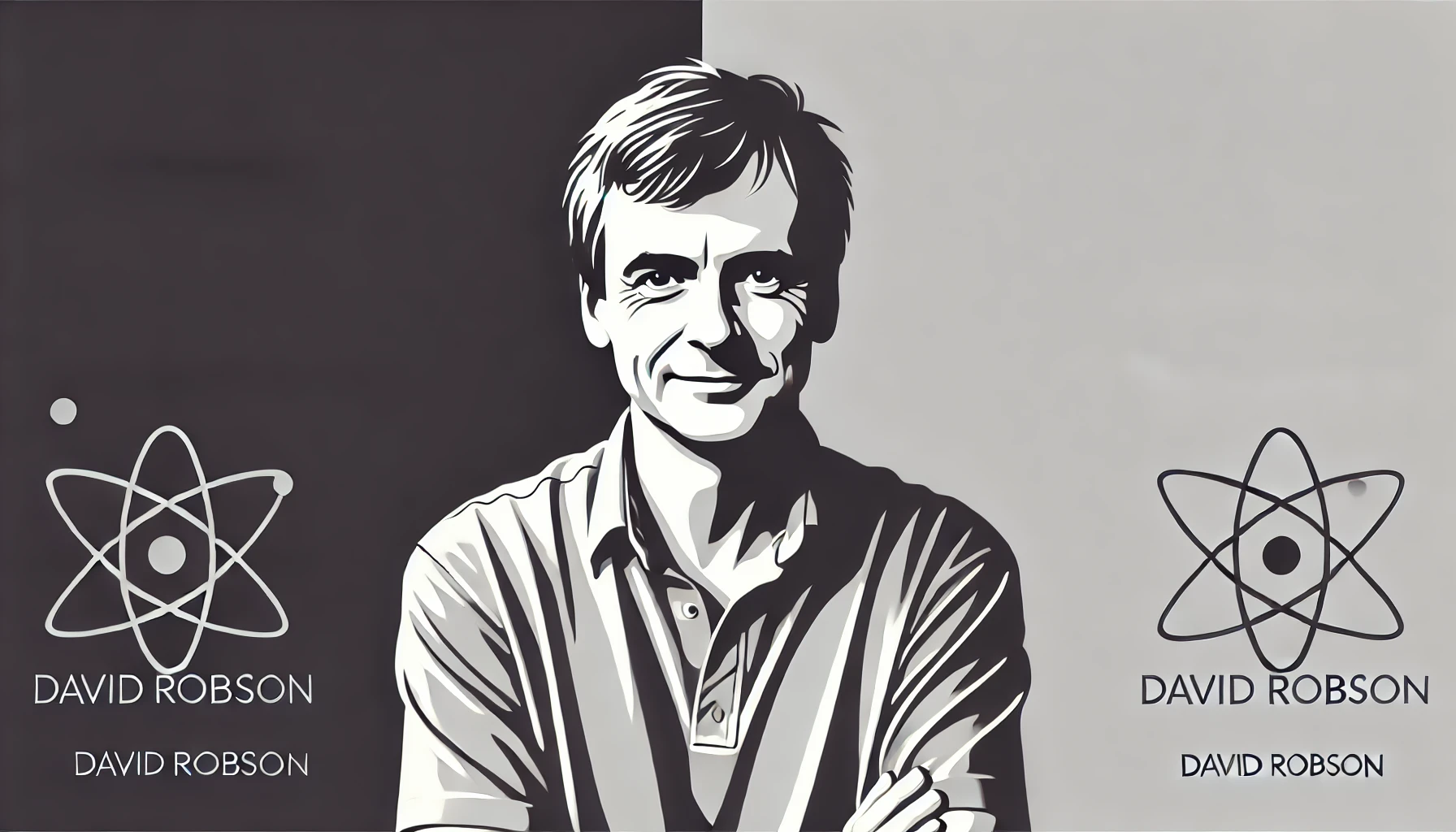 simplified, flat, 2D greyscale sketch of David Robson, the author and science journalist, with minimal details and clean, abstract lines. The d