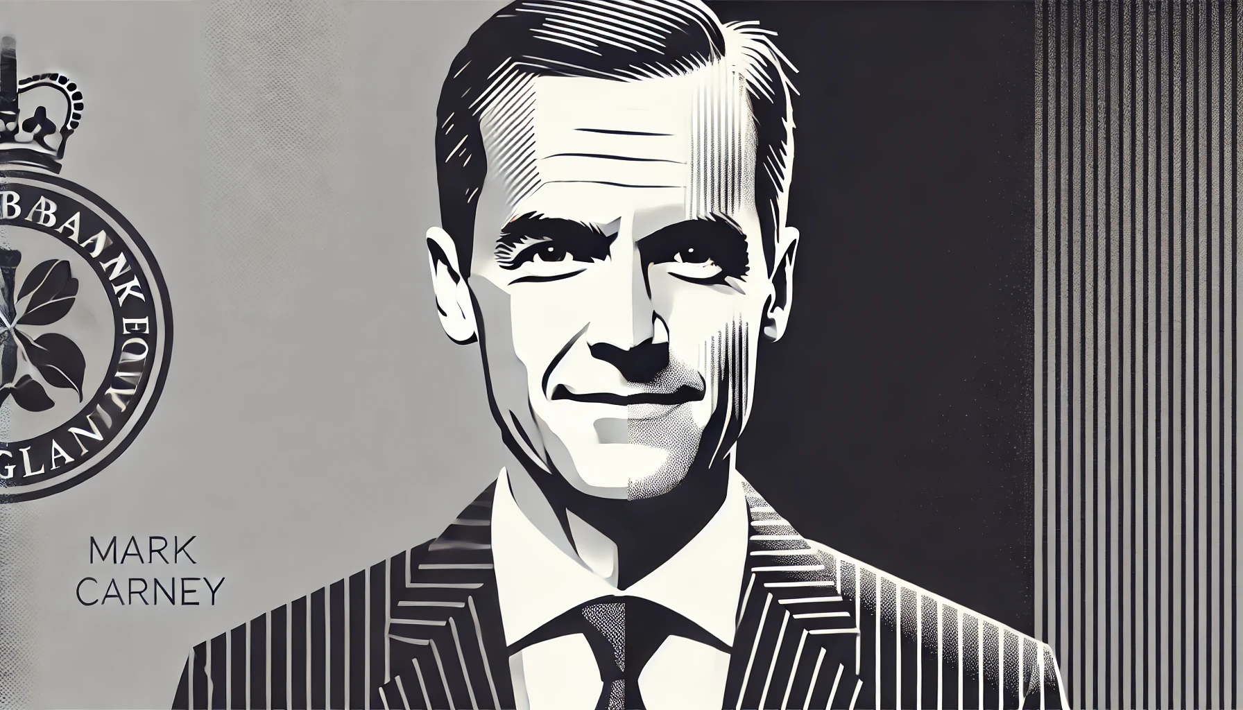 simplified, flat, 2D greyscale sketch of Mark Carney, the former Governor of the Bank of England, with minimal details and clean, abstract line