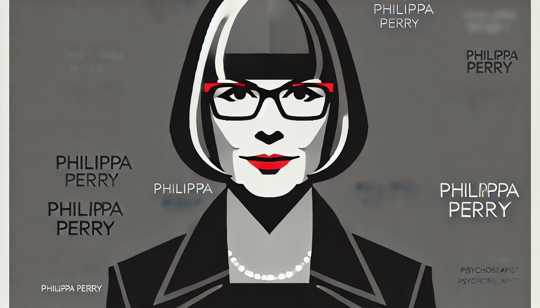 simplified, flat, 2D greyscale sketch of Philippa Perry, the author and psychotherapist, with minimal details and clean, abstract lines. The de