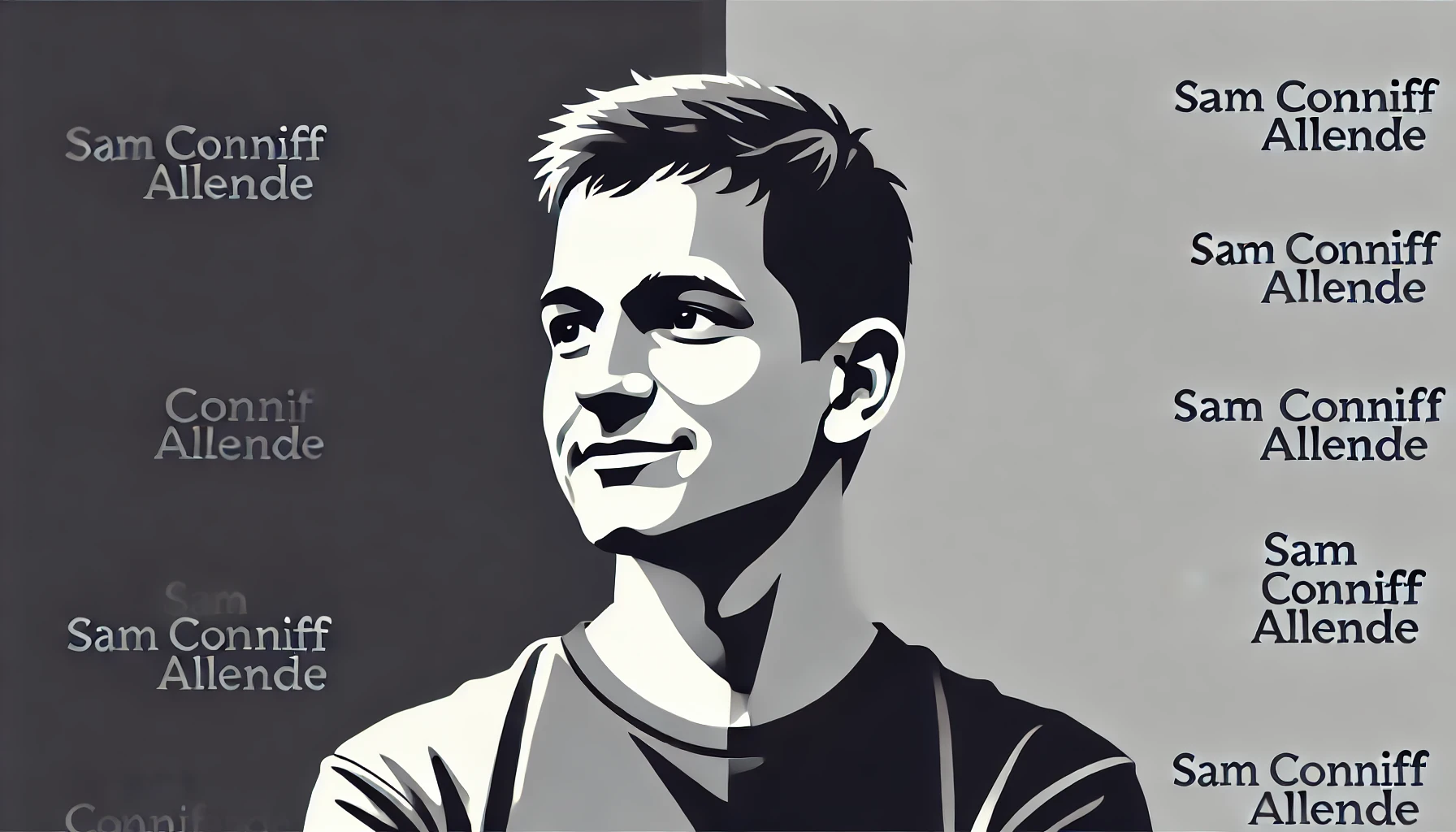 simplified, flat, 2D greyscale sketch of Sam Conniff Allende, the author and entrepreneur, with minimal details and clean, abstract lines