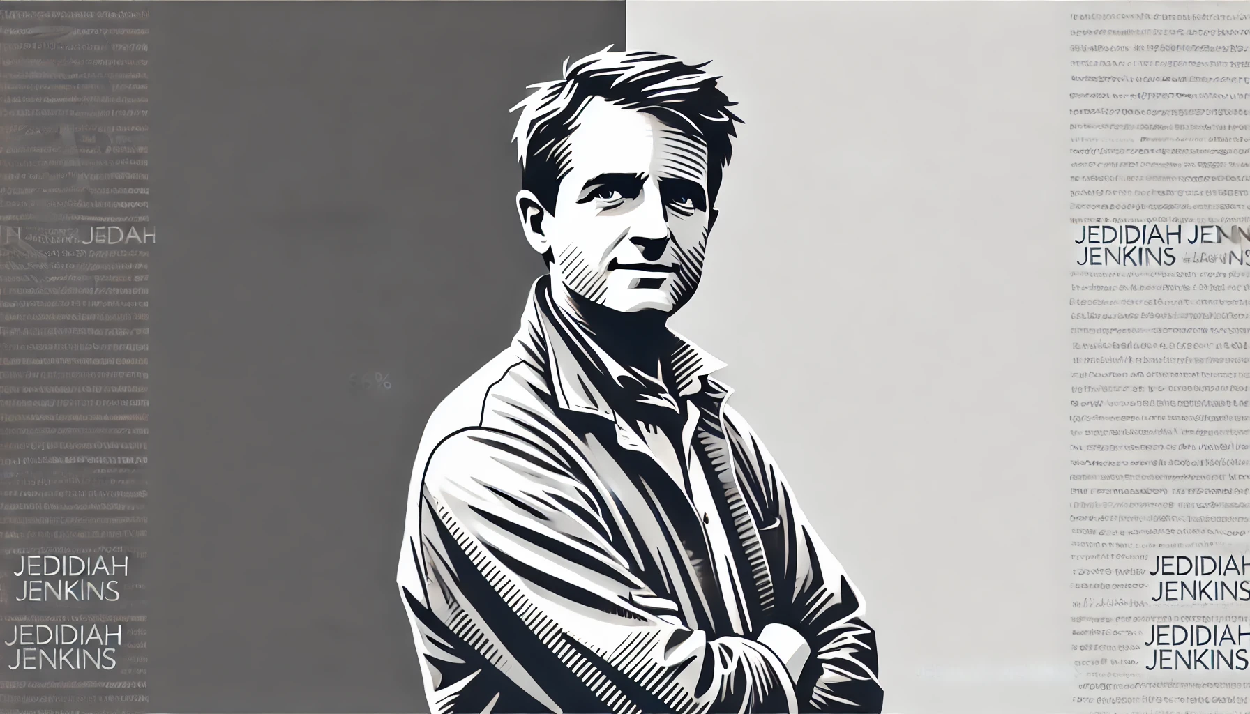 A very simplified, flat, 2D greyscale sketch of Jedidiah Jenkins, the author and adventurer, with minimal details and