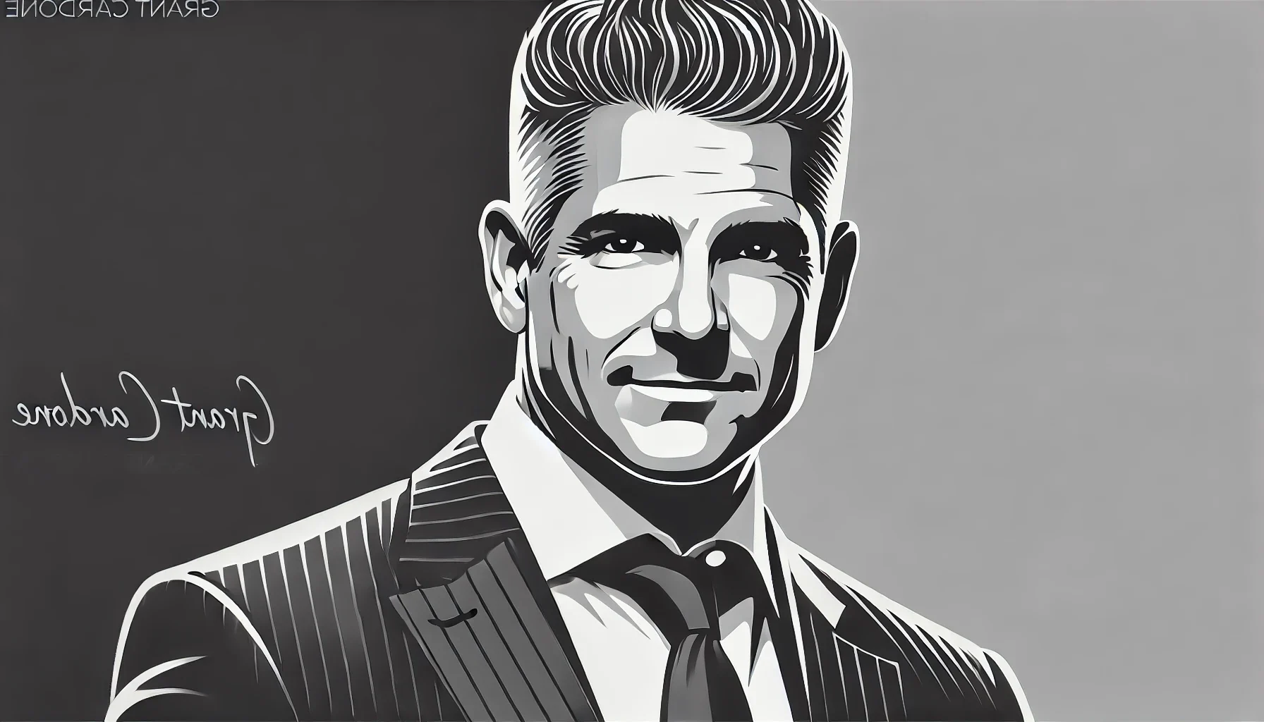 simplified, flat, 2D greyscale sketch of Grant Cardone, the entrepreneur, author, and motivational speaker, with minimal details and clean, abs