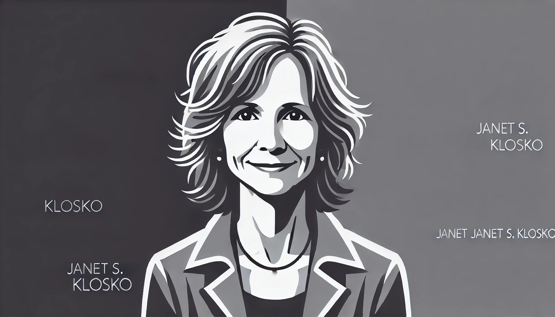 simplified, flat, 2D greyscale sketch of Janet S. Klosko, the psychologist and author, with minimal details and clean, abstract lines. The desi