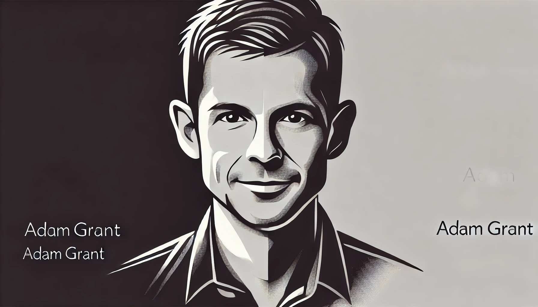 simplified, flat, 2D greyscale sketch of Adam Grant, the organizational psychologist and author, with minimal details and clean, abstract lines
