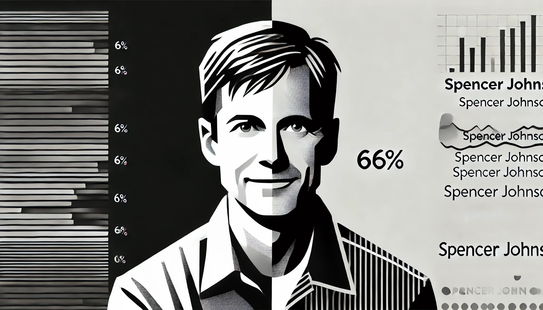 simplified, flat, 2D greyscale sketch of Spencer Johnson, the author and physician, with minimal details and clean, abstract lines