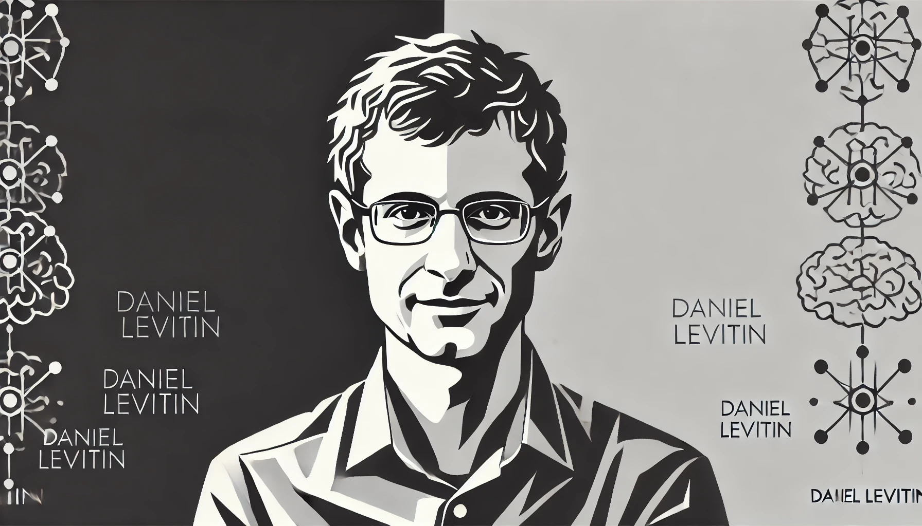 very simplified, flat, 2D greyscale sketch of Daniel Levitin, the neuroscientist, cognitive psychologist, and author, with minimal details and clean