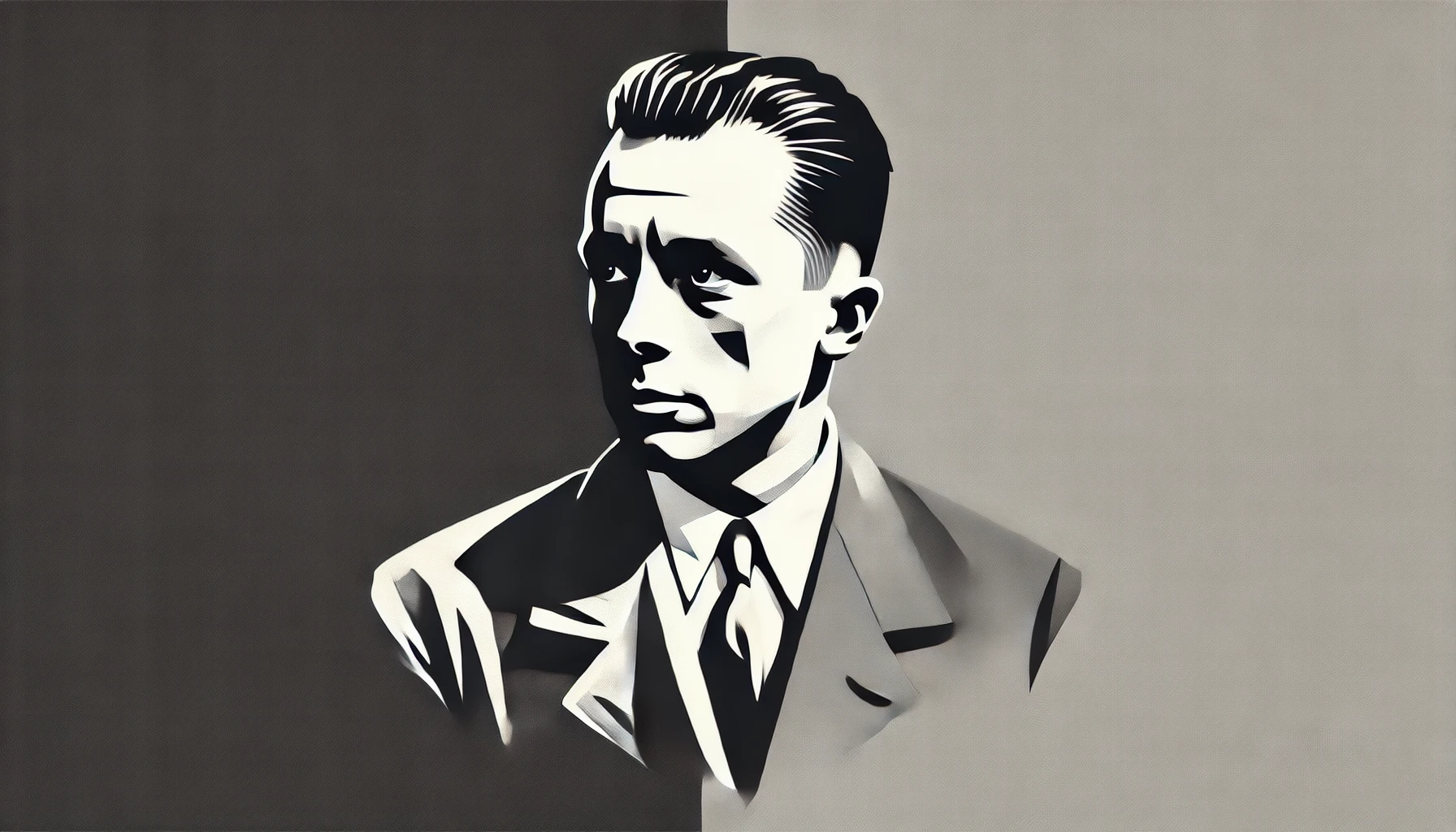simplified, flat, 2D greyscale sketch of Albert Camus, the French philosopher and writer, with high contrast and eye-catching details