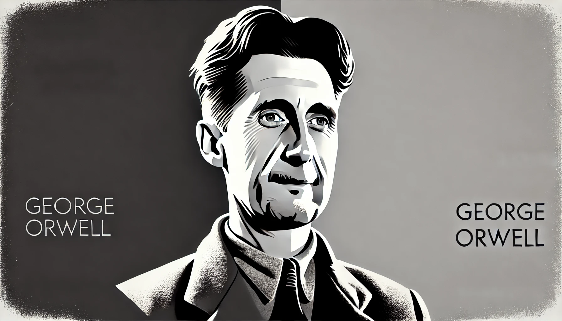 simplified, flat, 2D greyscale sketch of George Orwell, the British author and journalist, with high contrast and eye-catching details